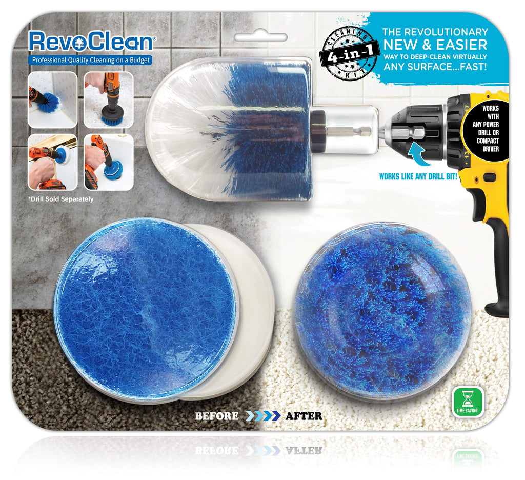 RevoClean 4 Piece Scrub Brush Power Drill Attachments-All Purpose Time Saving Kit-Perfect for Cleaning Grout, Tile, Counter, Shower, Grill, Floor, Kitchen, Blue & White