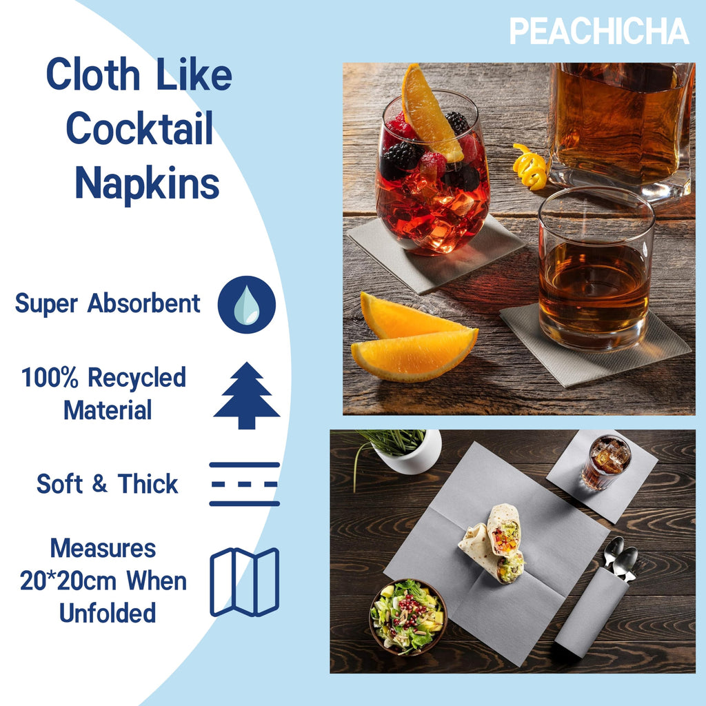 PEACHICHA Cocktail Napkin Disposable Beverage Bar Napkins Cloth-Like Paper Napkins, Linen-Feel Great for Wedding, Party,Or Everyday Use, 10X10 cm When Folded, Pack of 100, Black