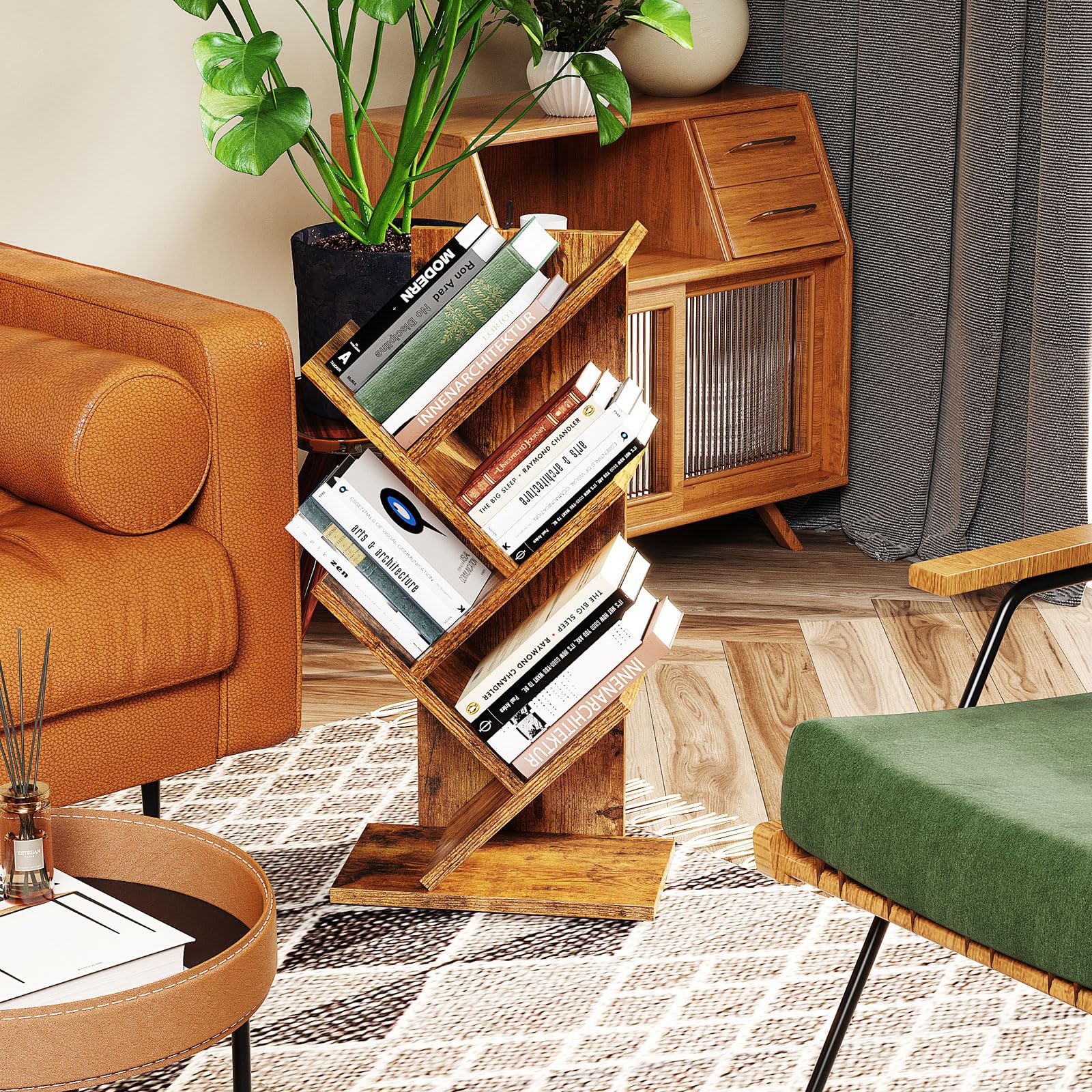 YMYNY 4-Tier Tree Bookshelf, Small Bookcase, Modern Wood Book Storage Rack, Freestanding Book Shelf for Books/Movies/CDs, Narrow Display Rack for Living Room, Home Office, Rustic Brown HBC014H
