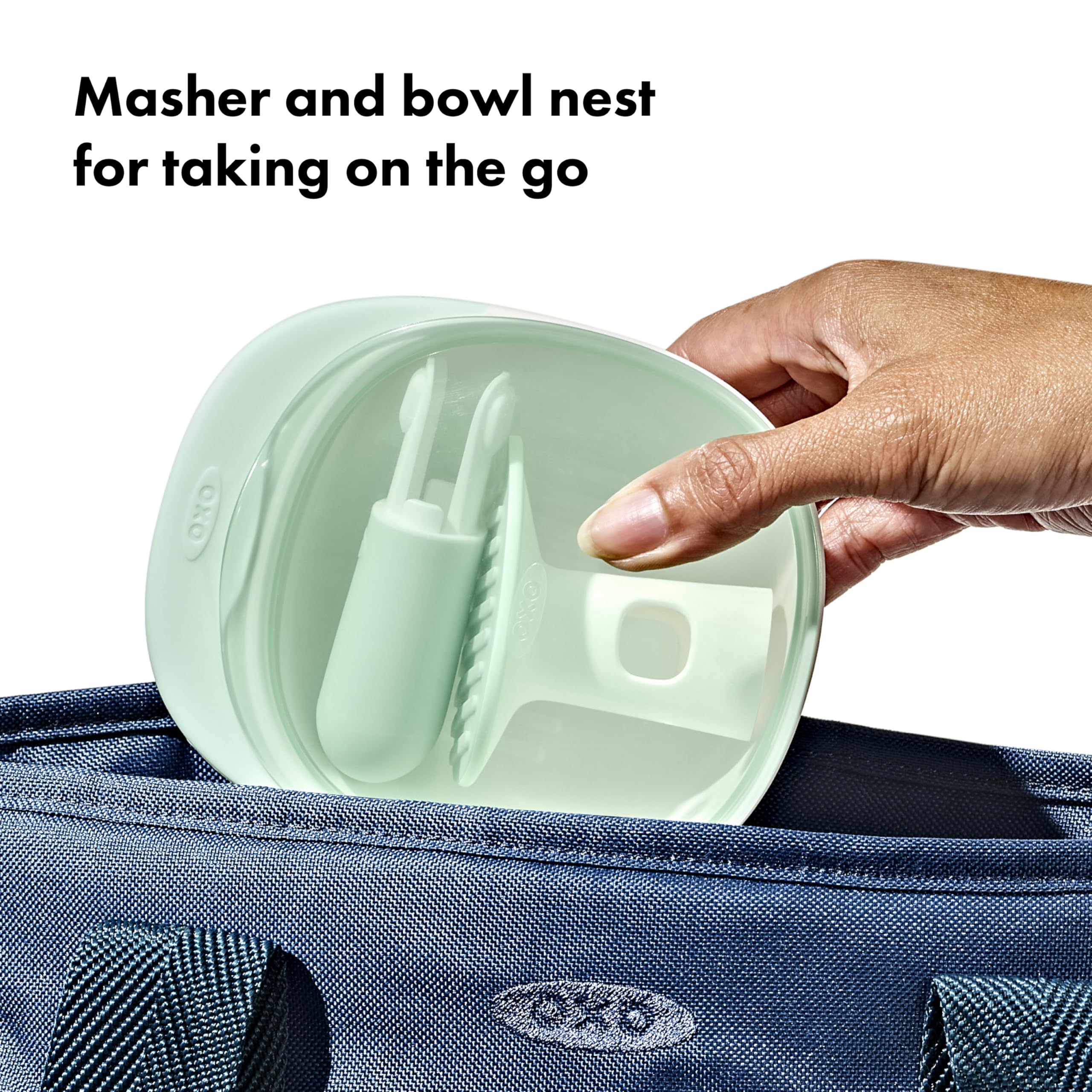 OXO Tot - Food Masher - Easy to Use - Fruit, Veggies and More - Portable Set - Compact Bowl & Lid - Textured Ridges for Smooth Mashing - Opal - 61168900