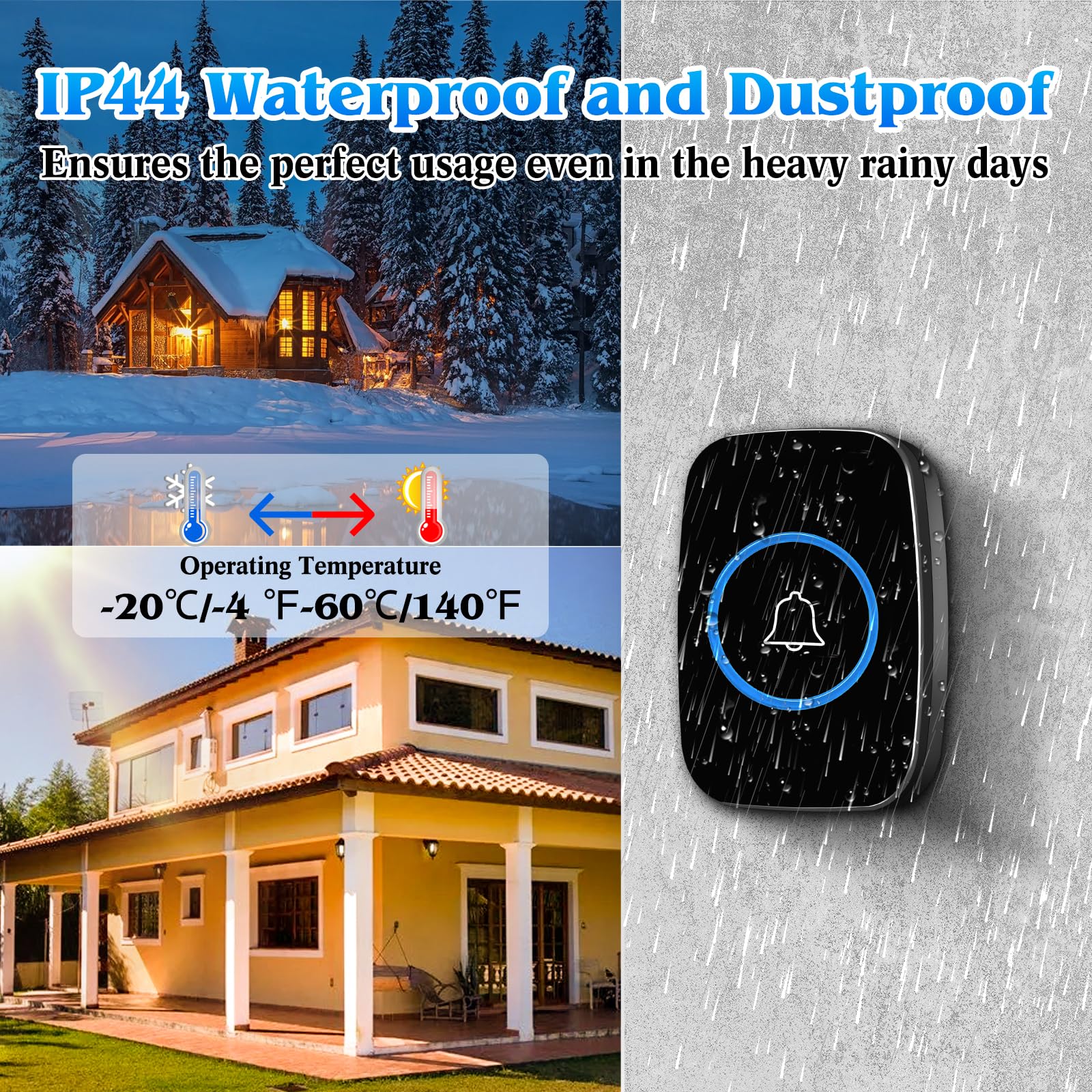 Lostrain Doorbell, Wireless Door Bell Waterproof with 1000ft/300m Operating Range, 60 Chimes, 5 Volume Levels, 2 Plug-in Receivers & 1 Push Button Cordless Doorbell Kit for Home, Office, Room