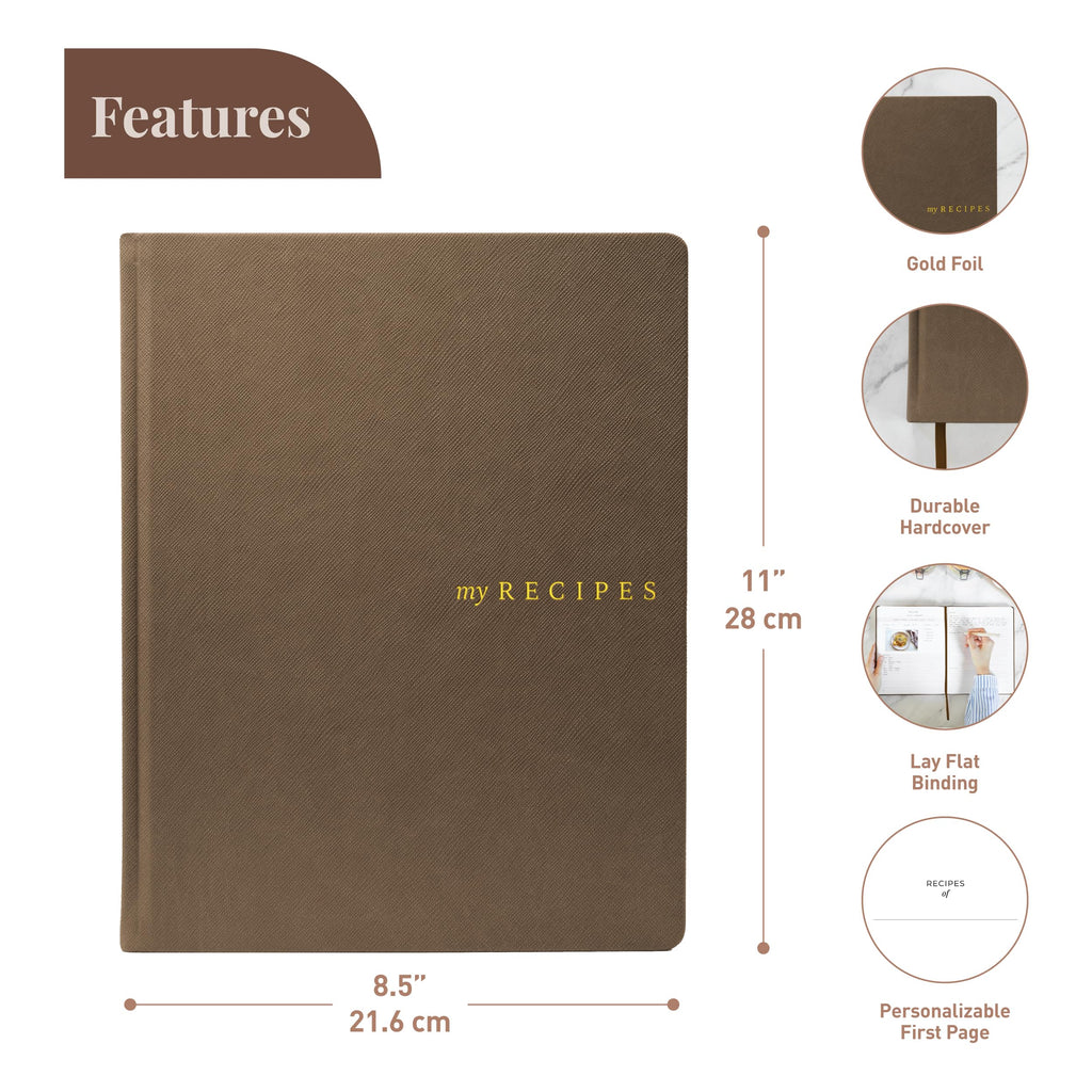 Rileys Blank recipe books to write in your own recipes 21,6 x 28 cm, Hardcover recipe journal for own recipes with conversion chart, notebook journal for handwritten food diary, 120 pages (Brown)