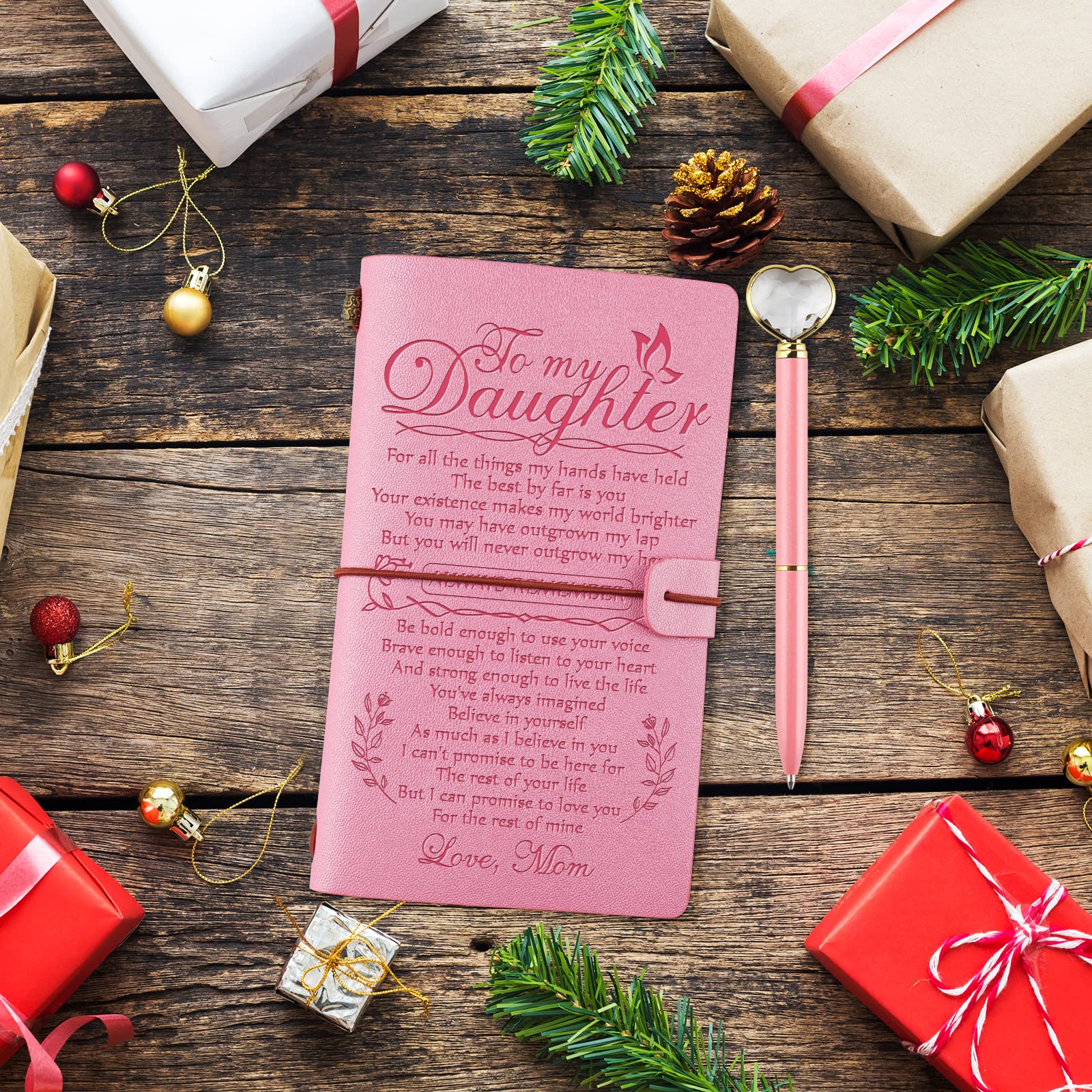 PRSTENLY Daughter Gift from Mom Leather Journal with Heart Diamond Pen Set, to My Daughter Gifts 140 Page Refillable Journal Notebooks, Graduation Christmas Birthday Gift for Daughters from Mom