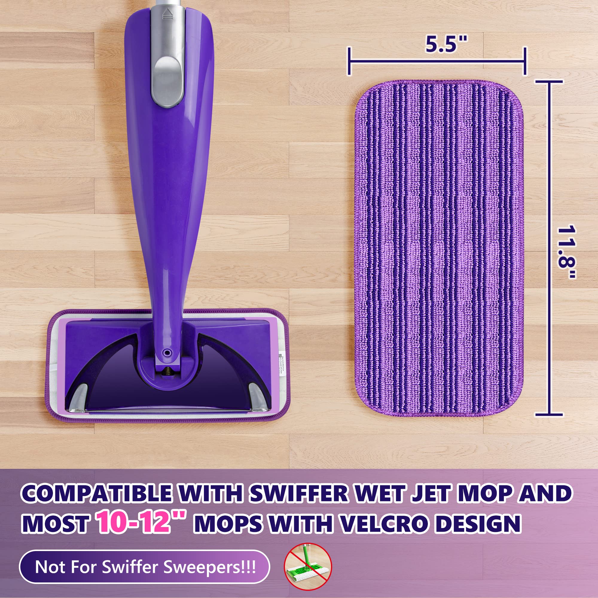 Reusable Mop Pads Compatible with Swiffer Wet Jet, Wet Jet Pads Refills for Swiffer Mop, Microfiber Replacement Pads for Hardwood Floor Cleaning, Dry Wet Mopping Cloths for 12" Wet Jet Refill, 6 Pack