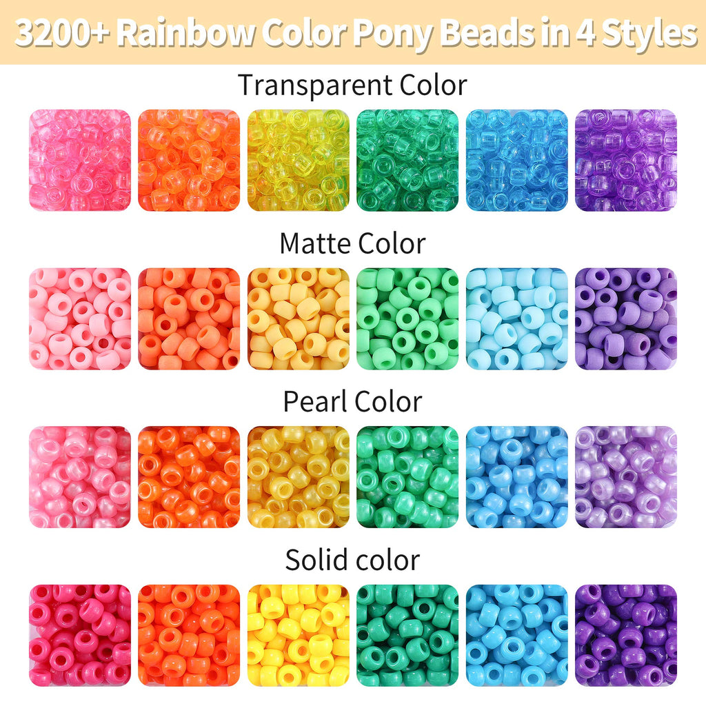 3500+ pcs Rainbow Pony Beads for Jewelry Making, Hair Beads for Braids, Bracelet Making Kit, Assorted Kandi Beads Kit with Letter and Heart Beads Hair Beader Tool Scissors Elastic String