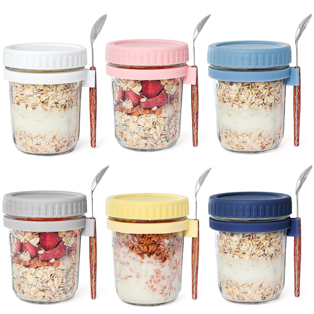 HPLYEL 6 Packs 16OZ Overnight Oats Containers with Lids and Spoons, Glass Overnight Oatmeal Jars Kitchen Food Storage Airtight Leak Proof Mason Jars for Salad, Cereal, Coffee, Dry Snacks, Seasoning
