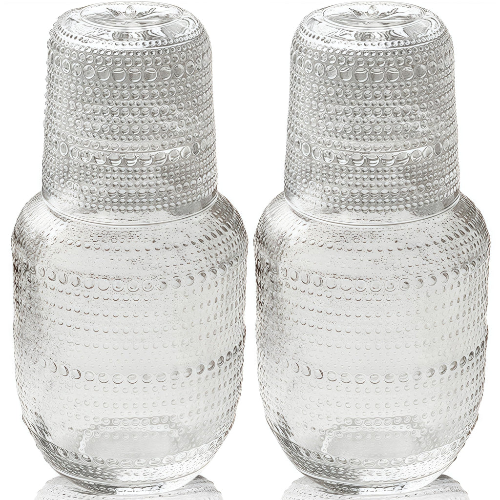 ZOOFOX Set of 2 Vintage Bedside Water Carafe and Glass Set, Clear Embossed Night Water Carafe with Tumbler Glass, Elegant Pitcher and Matching Drinking Glass, Easy-Access for the Night
