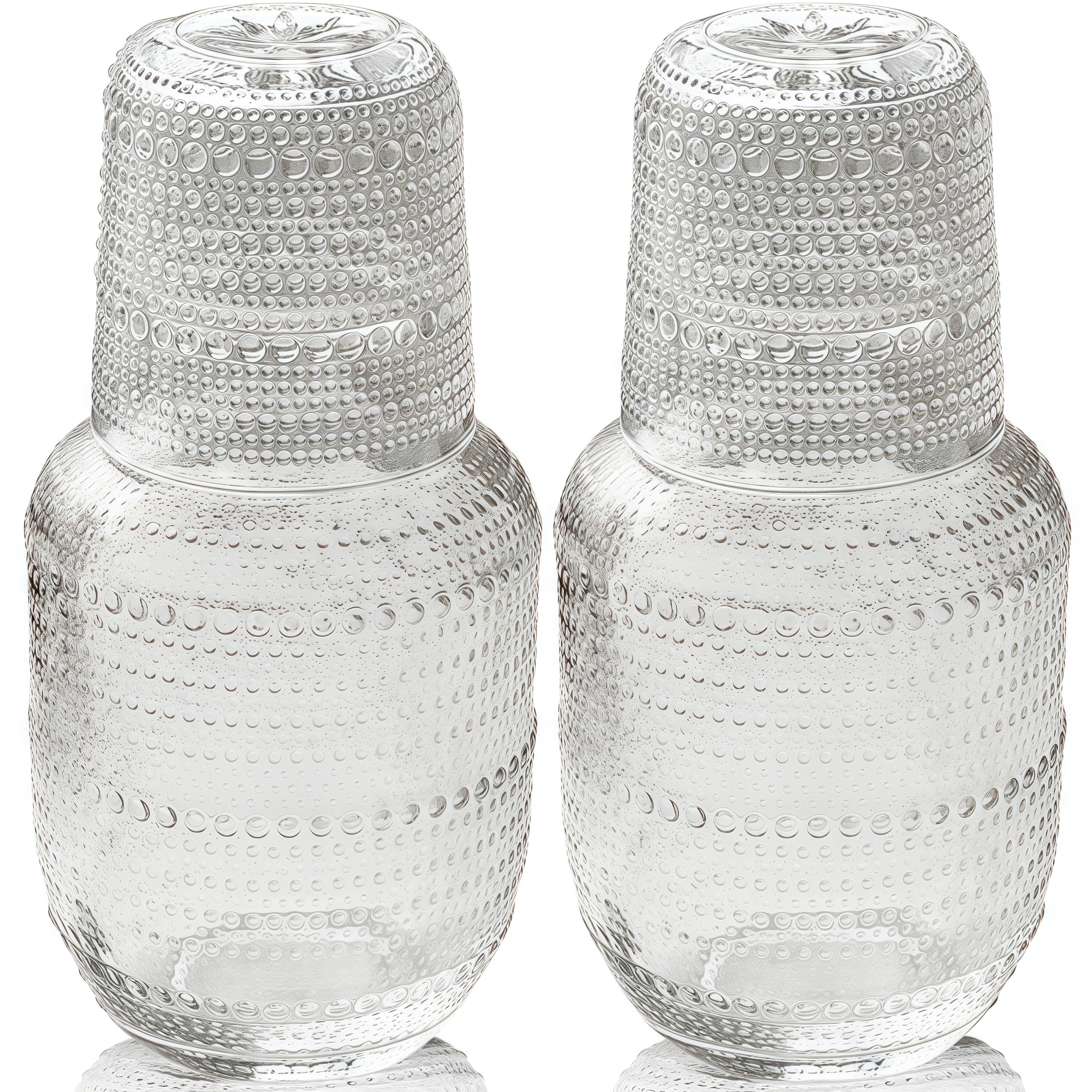 ZOOFOX Set of 2 Vintage Bedside Water Carafe and Glass Set, Clear Embossed Night Water Carafe with Tumbler Glass, Elegant Pitcher and Matching Drinking Glass, Easy-Access for the Night