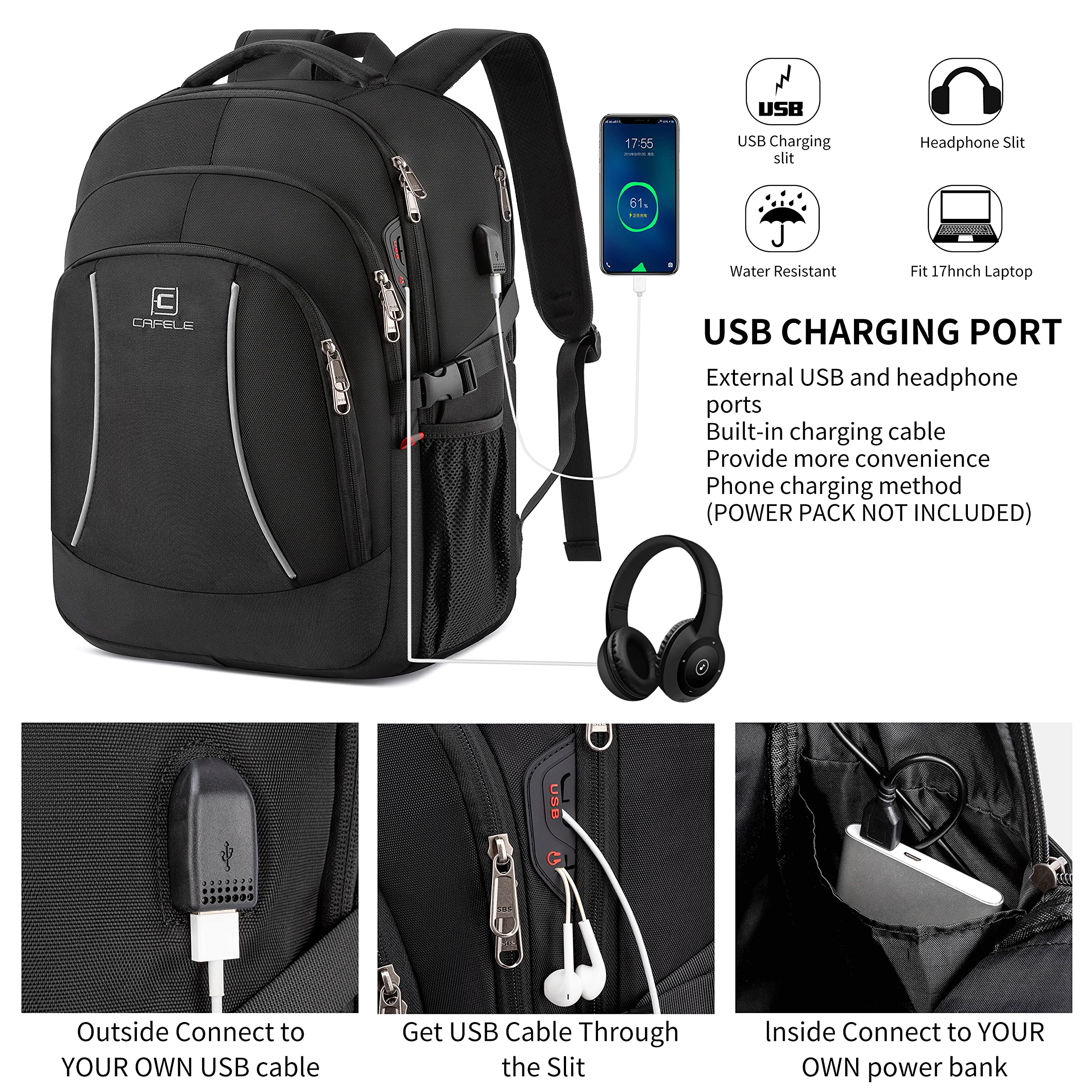 Backpack,17.3 inch Laptop Backpack,Large Bookbag Computer Rucksack with USB Charging Port,Water Resistant Sturdy Backpack for Business College School Travel,Men Women Casual Daypack,Black