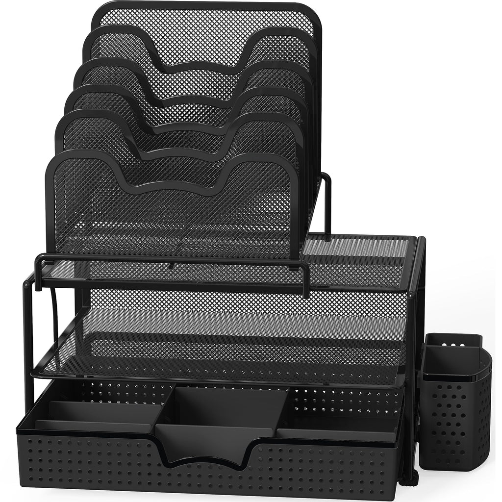 SimpleHouseware Mesh Desk Organizer with Sliding Drawer, Double Tray and 5 Stacking Sorter Sections, Black