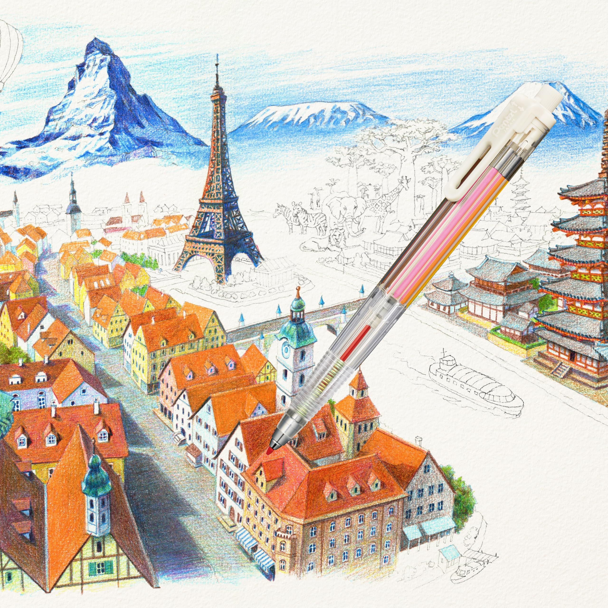 Pentel Art Multi 8 Colour Pencil (2.0mm) XPH804 8 Colours in 1 Pencil, 12 Refill Lead Colours and Lead Sharpener