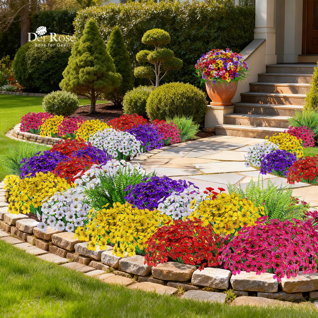 Der Rose 24 Bundles Artificial Flowers for Outdoors Decoration Faux Ferns Fake Flowers for Spring Summer Home Garden Patio Front Porch Decor