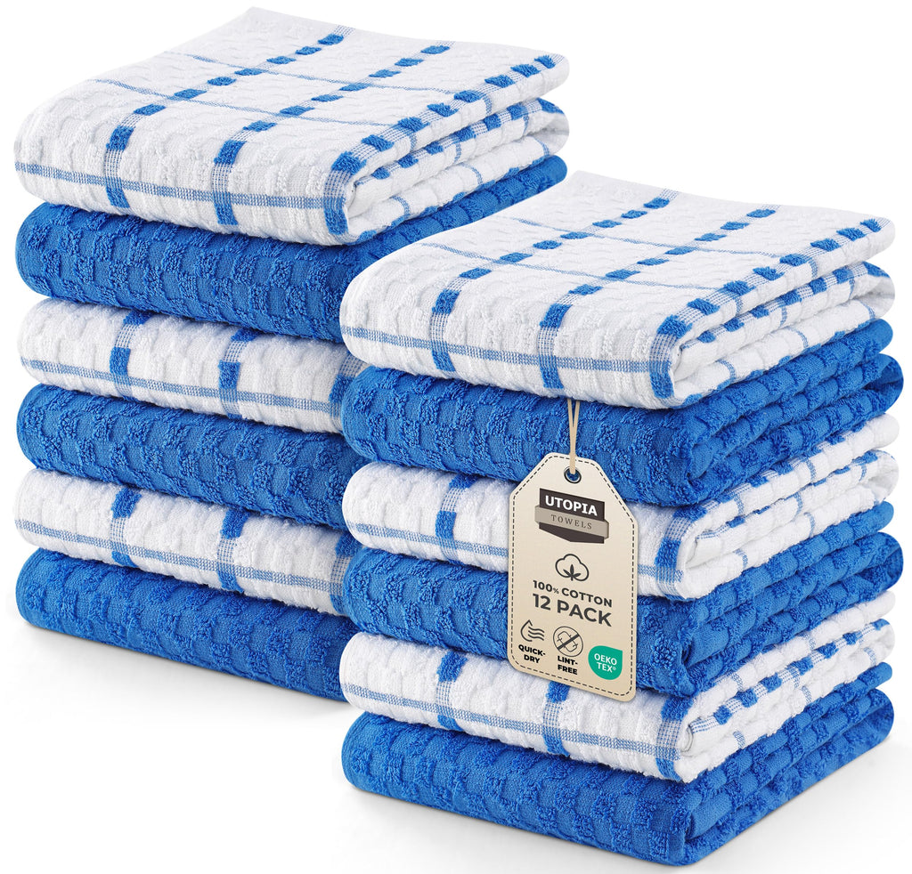 Utopia Towels Kitchen Towels, 12 Pack, 15 by 25 Inches, Dobby Weave, 100% Ring Spun Cotton, Super Soft and Absorbent Dish, Tea, and Bar Towels, Blue
