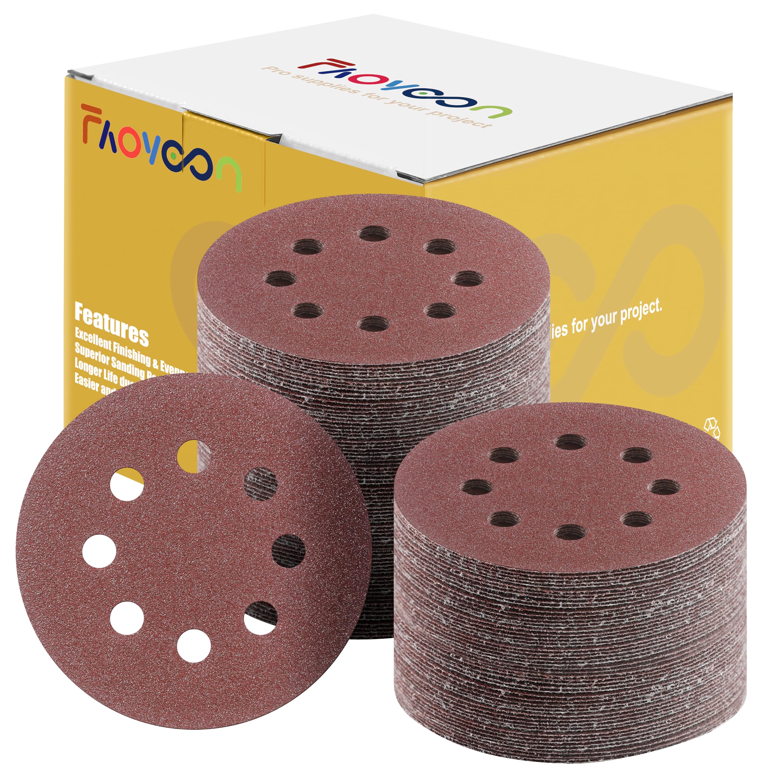 Faoyoon Sanding Disc 5 Inch 8 Hole, 100 Pcs Orbital Sanding Discs Hook and Loop, Sandpaper for Wood, 80 Grit Sand Paper for Random Orbital Sander