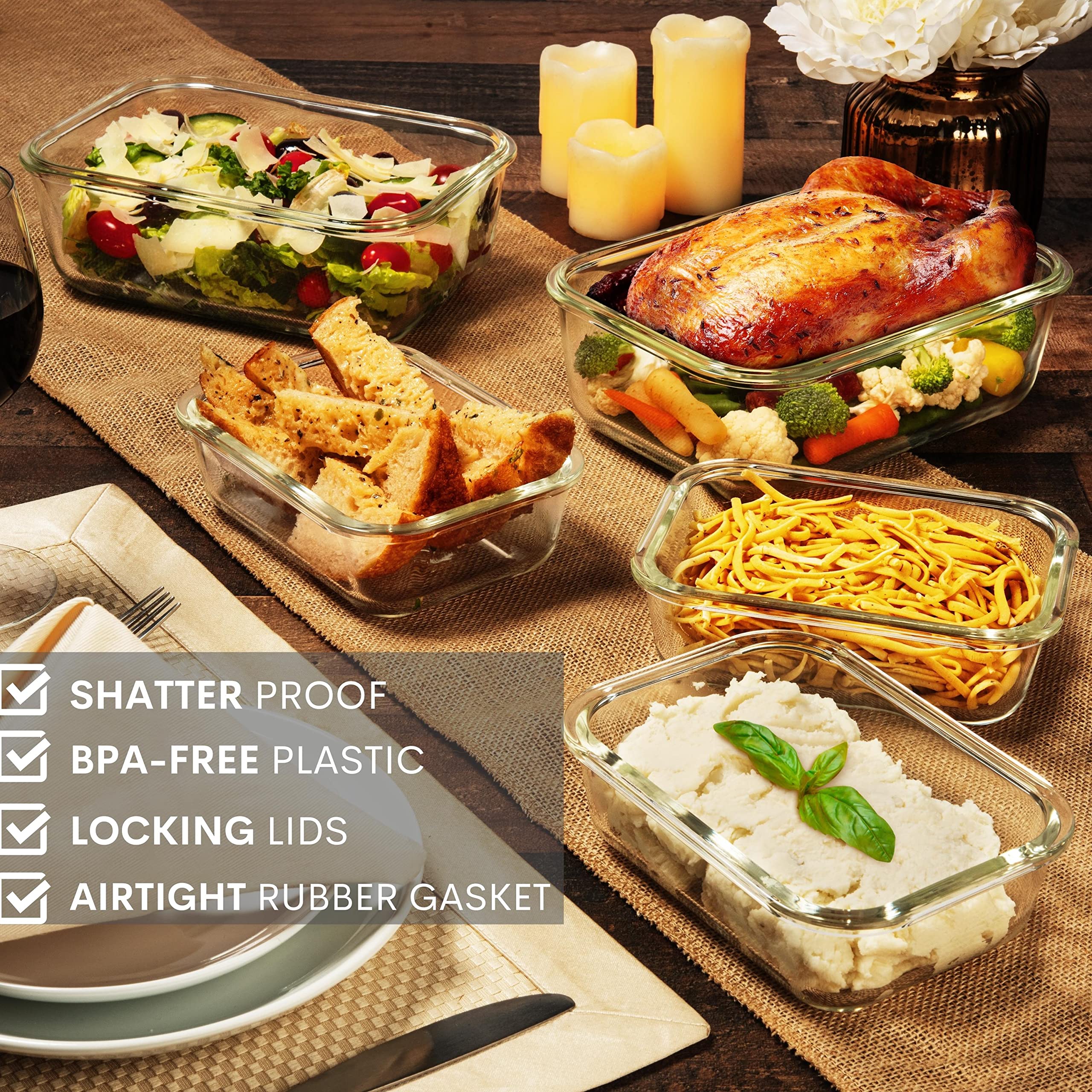 Razab 8 Cups / 63 Oz 2 Pack Large Glass Container Food Storage with Lids - Leakproof, BPA-Free Large Glass Meal Prep Container Ideal for Roasting Turkey, Store Leftover - Microwave & Oven Safe