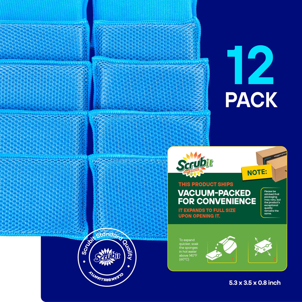 SCRUBIT Reusable Sponges for Dishes - 12 Pack Microfiber Sponges Kitchen Dish Scrubber, Machine Washable & Non-Scratch Scrubbers