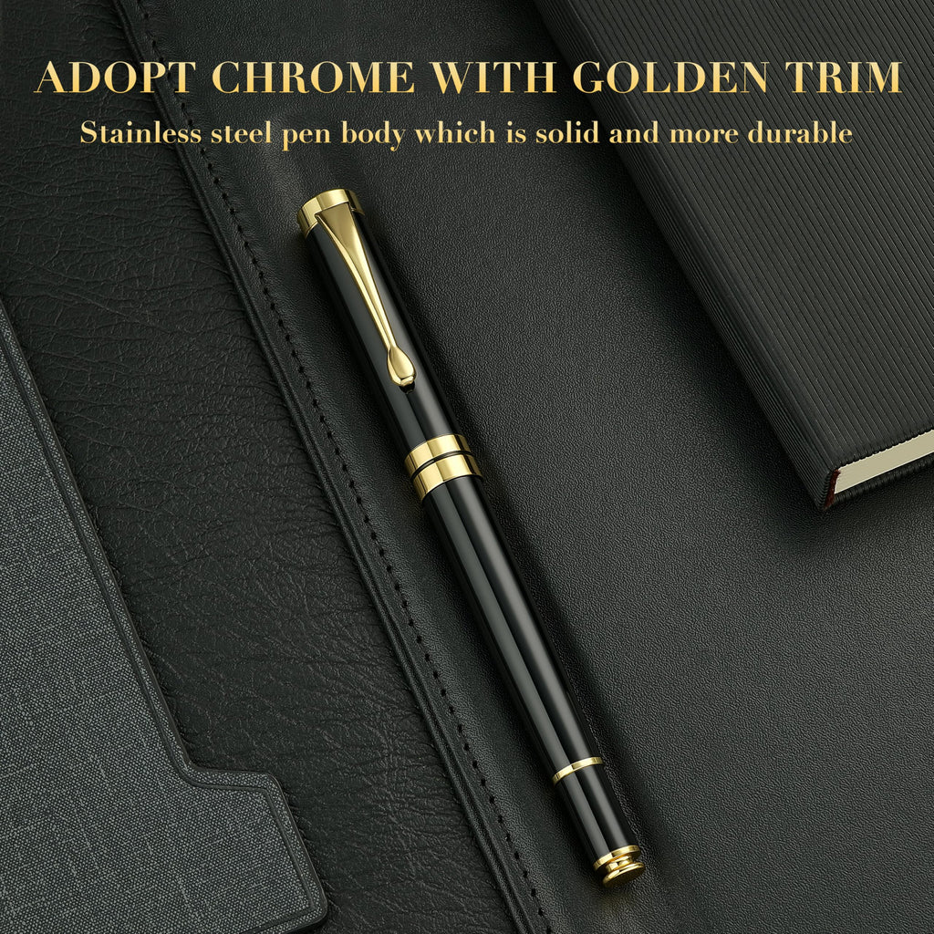 BEILUNER Ballpoint Pens, Stunning Black Chrome Metal Pen with Golden Trim, Best Ball Pen Gift Set for Men & Women, Professional, Executive, Office, Nice Pens-Gift Box with 0.5mm Black Extra Refill