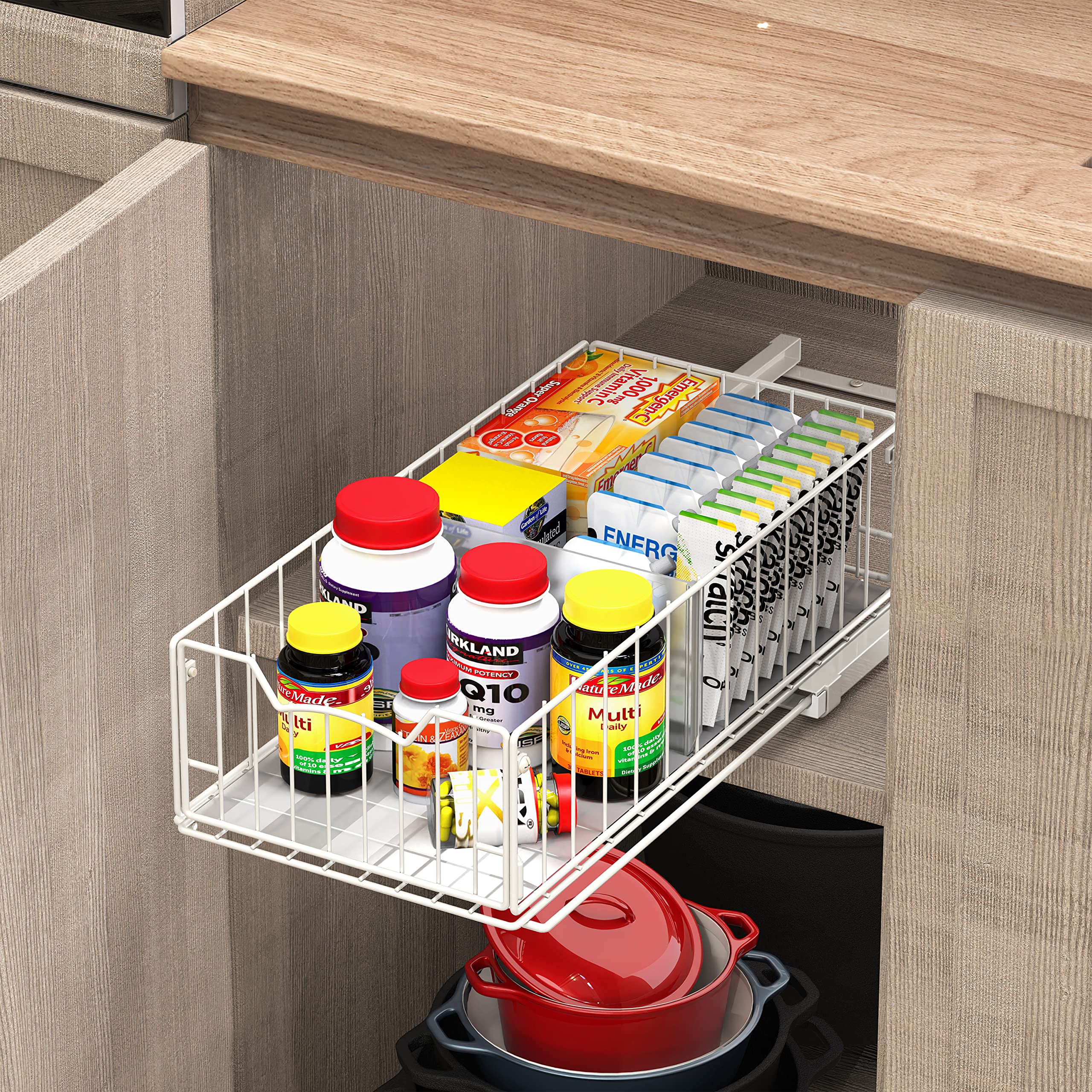 Simple Houseware Pull Out Sliding Basket Cabinet Drawer Organizer for Cupboard Storage, White