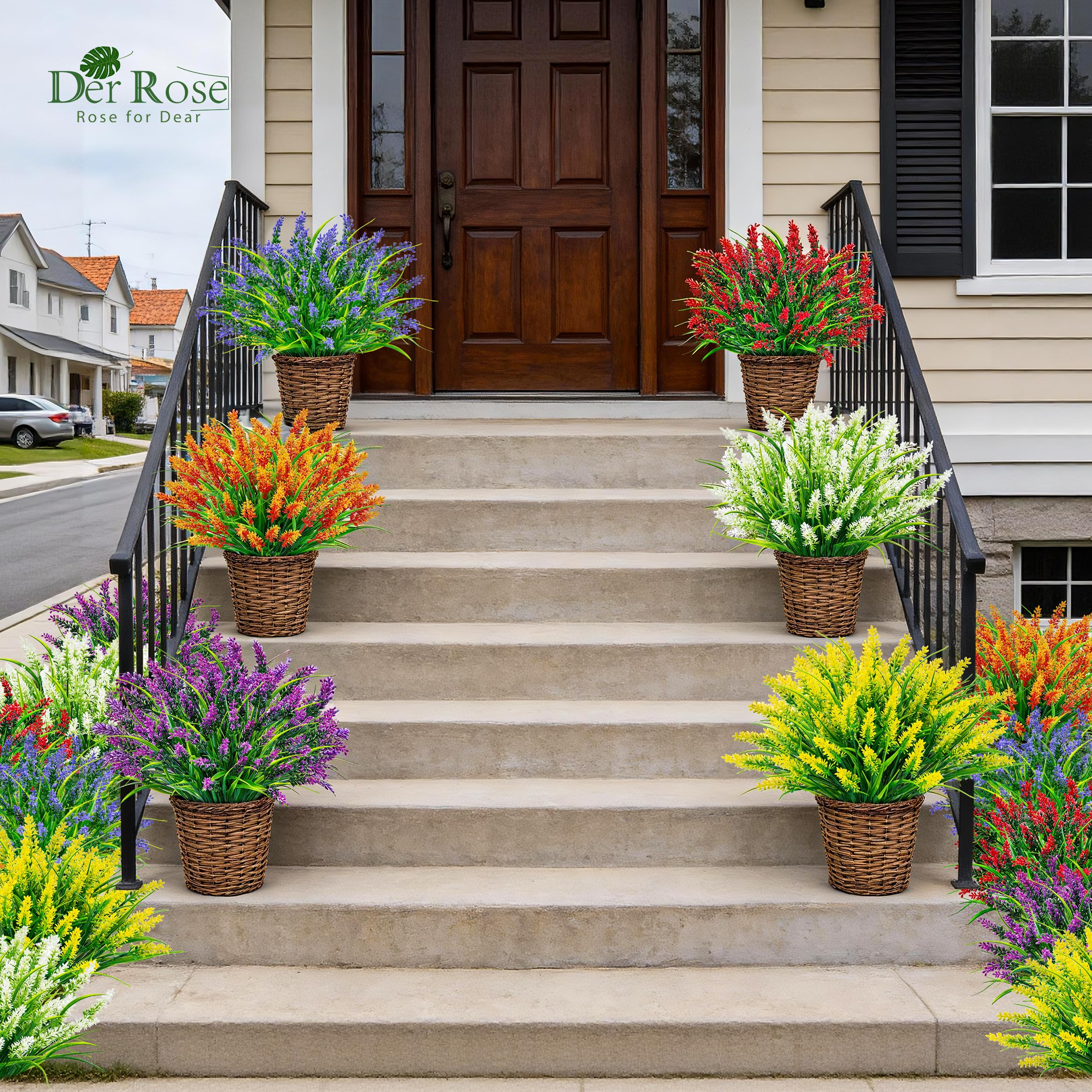 Der Rose 24 Bundles Artificial Plants for Decor Outdoor Monkey Grass Artificial Flowers for Outdoors Garden Porch Patio Window Box Decor UV Resistant