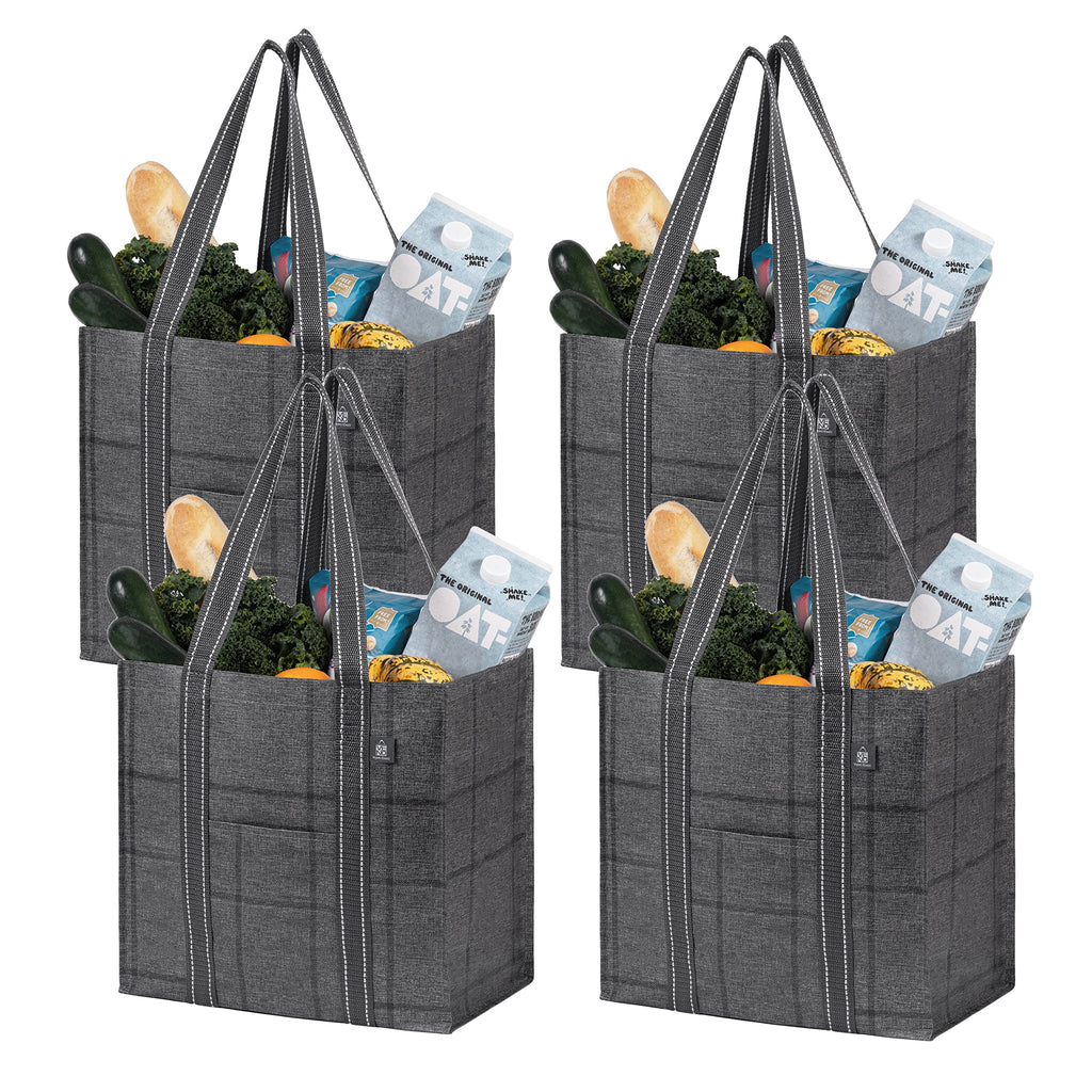 VENO 4 Pack Reusable Grocery Shopping Bags Foldable, Sac Reutilisable Epicerie, Grocery Tote Bags w/Hard Bottom, Multipurpose Utility Tote Bags (Windowpane, 4 Pack)