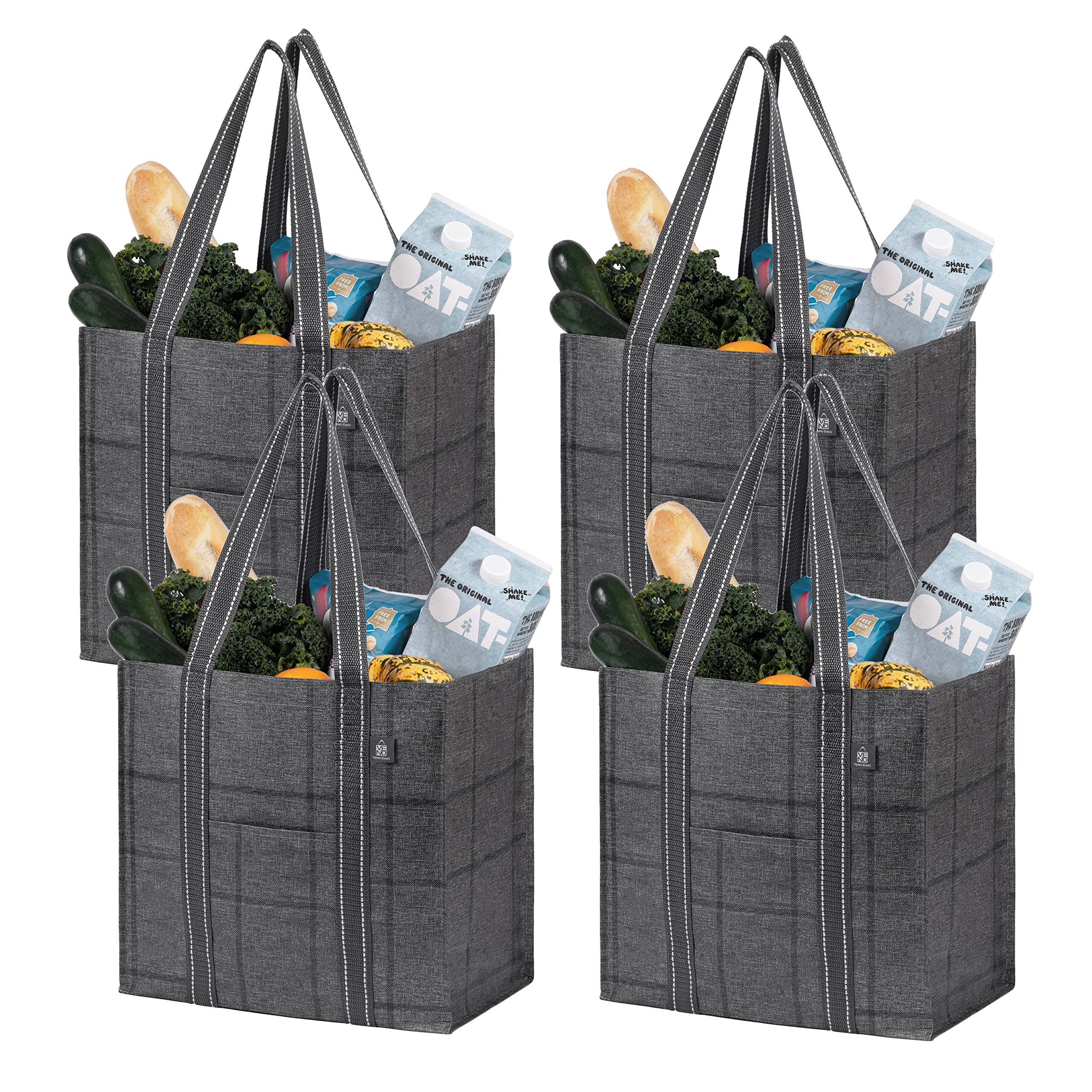 VENO 4 Pack Reusable Grocery Shopping Bags Foldable, Sac Reutilisable Epicerie, Grocery Tote Bags w/Hard Bottom, Multipurpose Utility Tote Bags (Windowpane, 4 Pack)