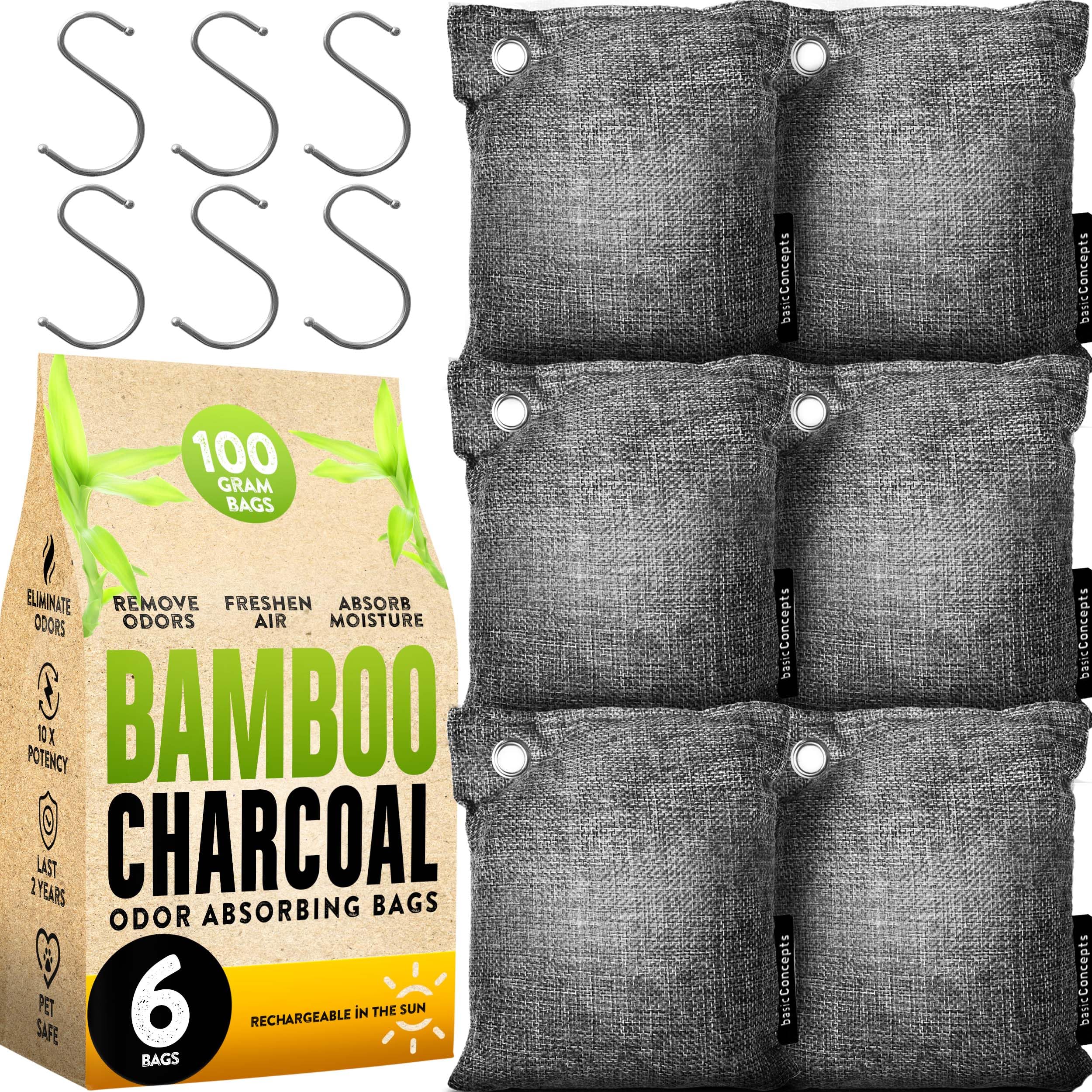 Charcoal Odor Absorber for Strong Odor (6 Pack, 100g each), Bamboo Charcoal Air Purifying Bag Activated Charcoal Odor Absorber for Home, Closet, Shoe, Car Basement, Musty Odor Eliminator