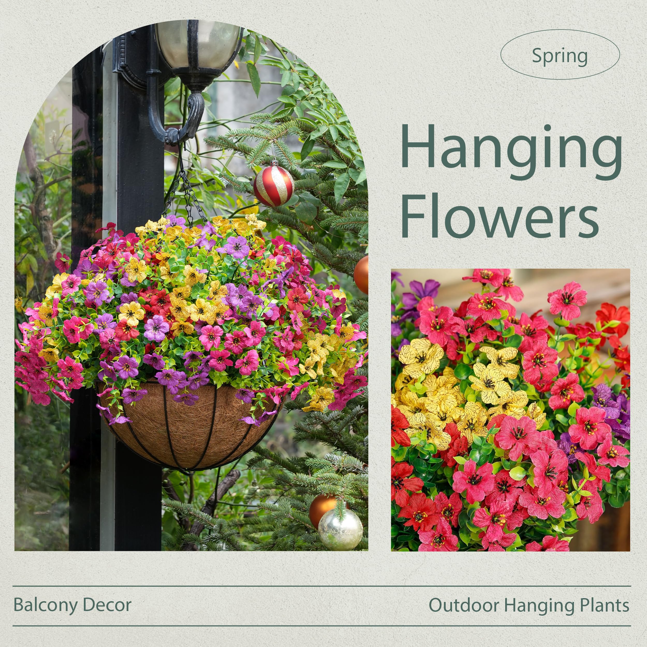 Der Rose Artificial Hanging Flowers Basket for Outdoors Fake Hanging Plants Spring Summer Decoration UV Resistant for Garden Front Porch Patio Balcony Decor