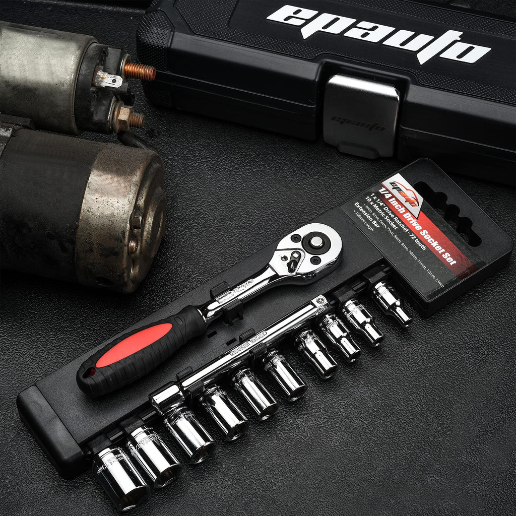 EPAuto 1/4-Inch Drive Socket Set with 72 Tooth Reversible, 12 Pieces