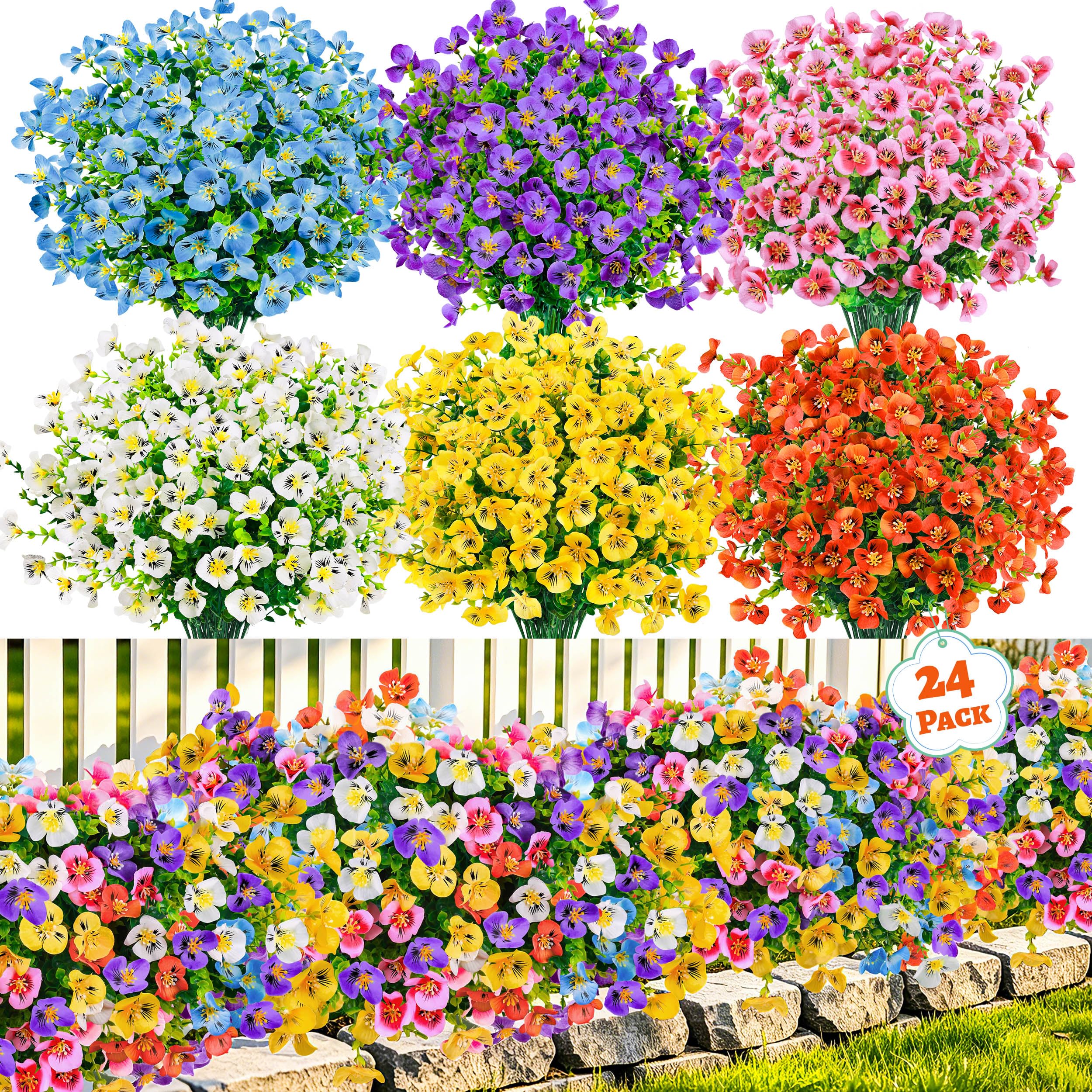 Der Rose 24 Bundles Artificial Pansy Flowers for Outdoors, UV Resistant 6 Assorted Colors Fake Pansies Spring Flowers for Planters Window Boxes Flower Beds Bulk Outdoor Garden Decor
