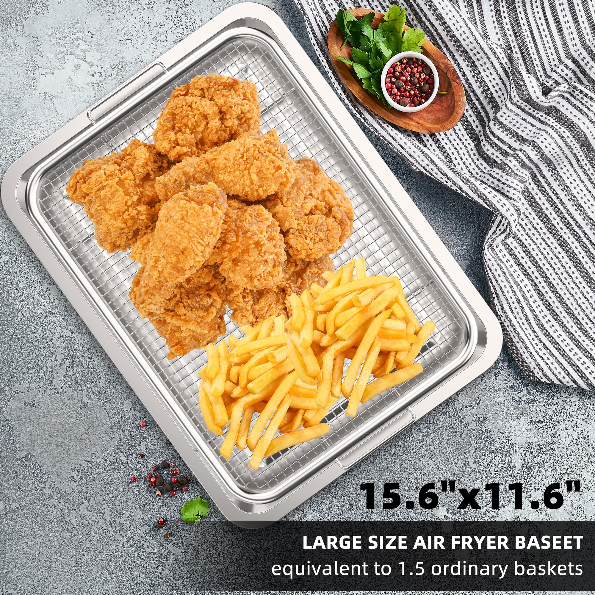 Air Fryer Basket, Large Size 15.6“ x 11.6“ Air Fryer Tray with 30 PCS Parchment Paper for Oven, YEPATER Stainless Steel Air Fryer Pan with Crisper Tray for Baking Fries,Bacon,Chicken