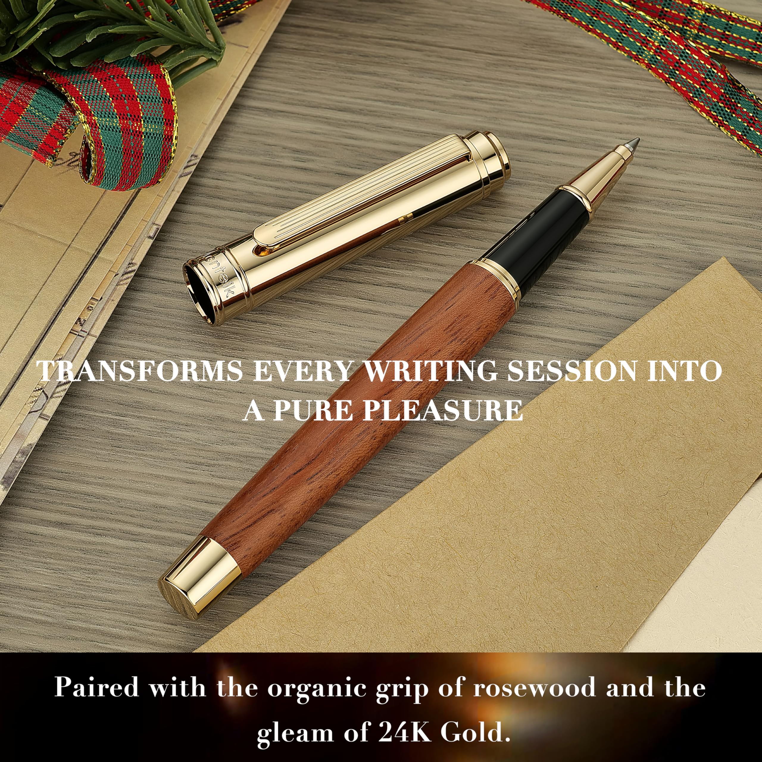 MCNTEIK 316 Luxury Journaling Pen, Nice Natural Wood for Writing, 24K Gold Accents, Schmidt refill, Fancy Rollerball, Gift Set for Men&Women, Executive&Professional Christmas Office, Pens-Rosewood
