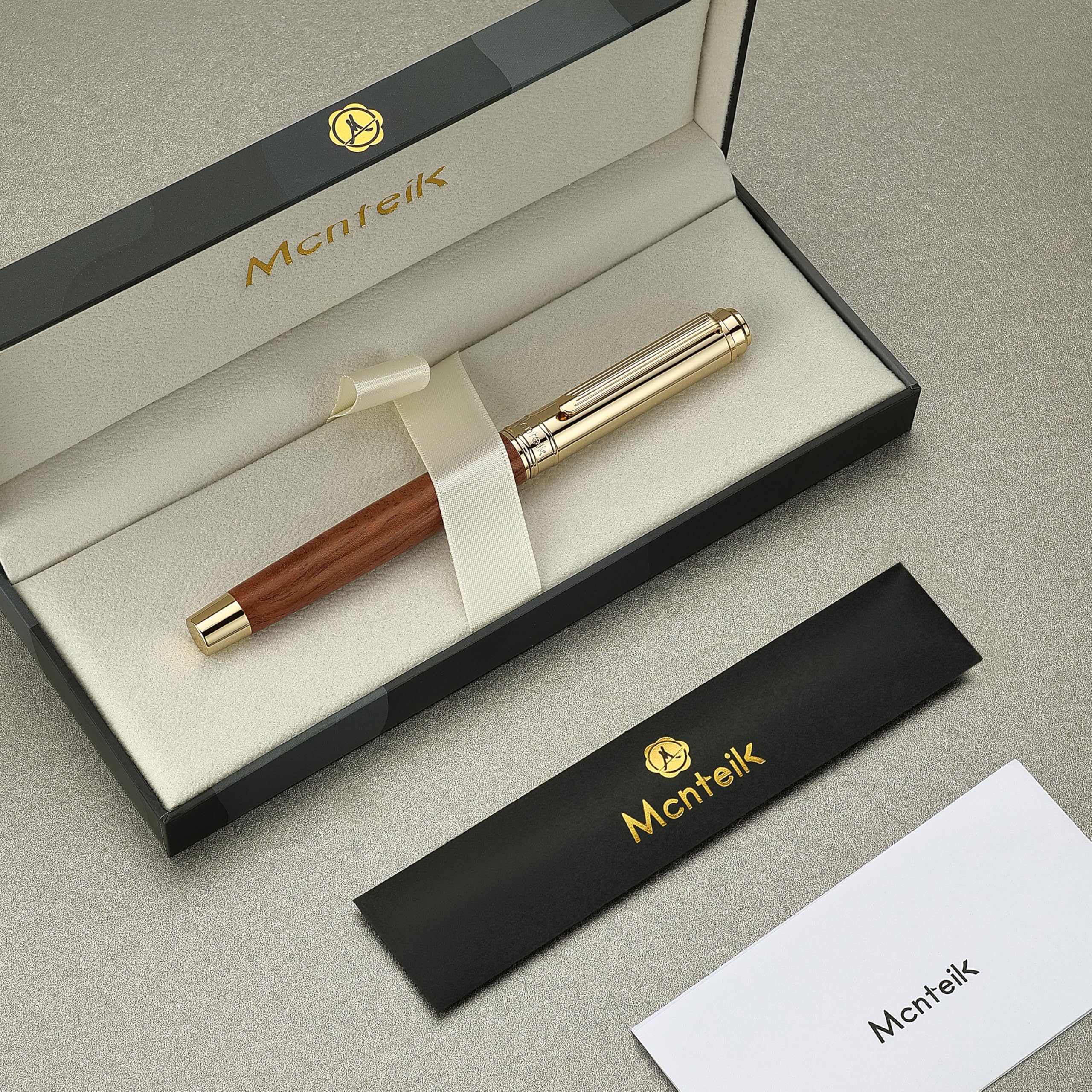MCNTEIK 316 Luxury Journaling Pen, Nice Natural Wood for Writing, 24K Gold Accents, Schmidt refill, Fancy Rollerball, Gift Set for Men&Women, Executive&Professional Christmas Office, Pens-Rosewood
