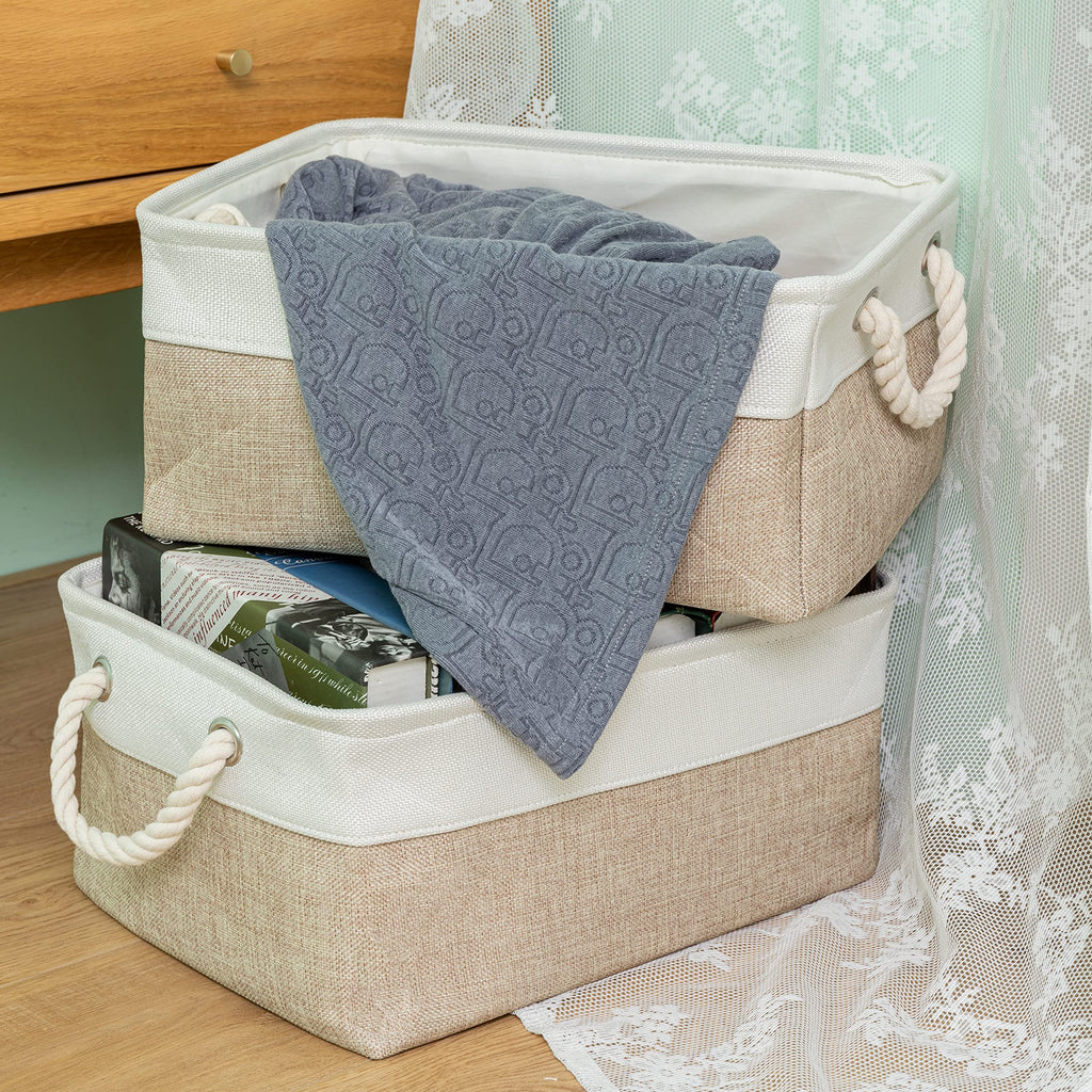 Storage Basket Bins - Fabric Basket&Decorative Baskets Storage Box Cubes Containers W/Handles for Clothes Storage Books, Home, Office, Garage (Beige&White, 36X26X17 (3pack))