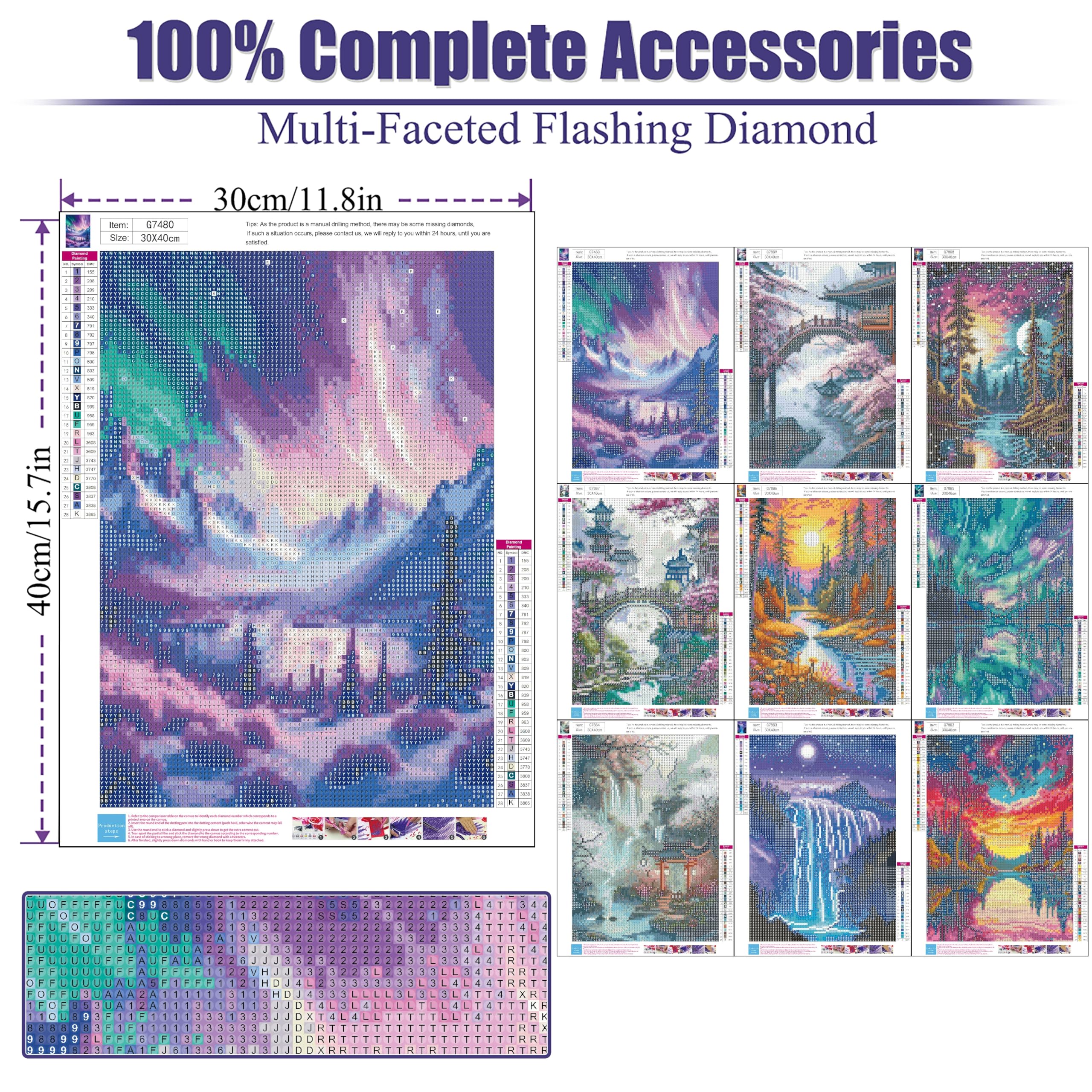 9 Pack Diamond Painting Kits for Adults, 5D Landscape Diamond Art Painting Kits for Adults Beginner, Adult Diamond Art, DIY Aurora Full Drill Diamond Dots for Home Wall Decor 12X16 Inch