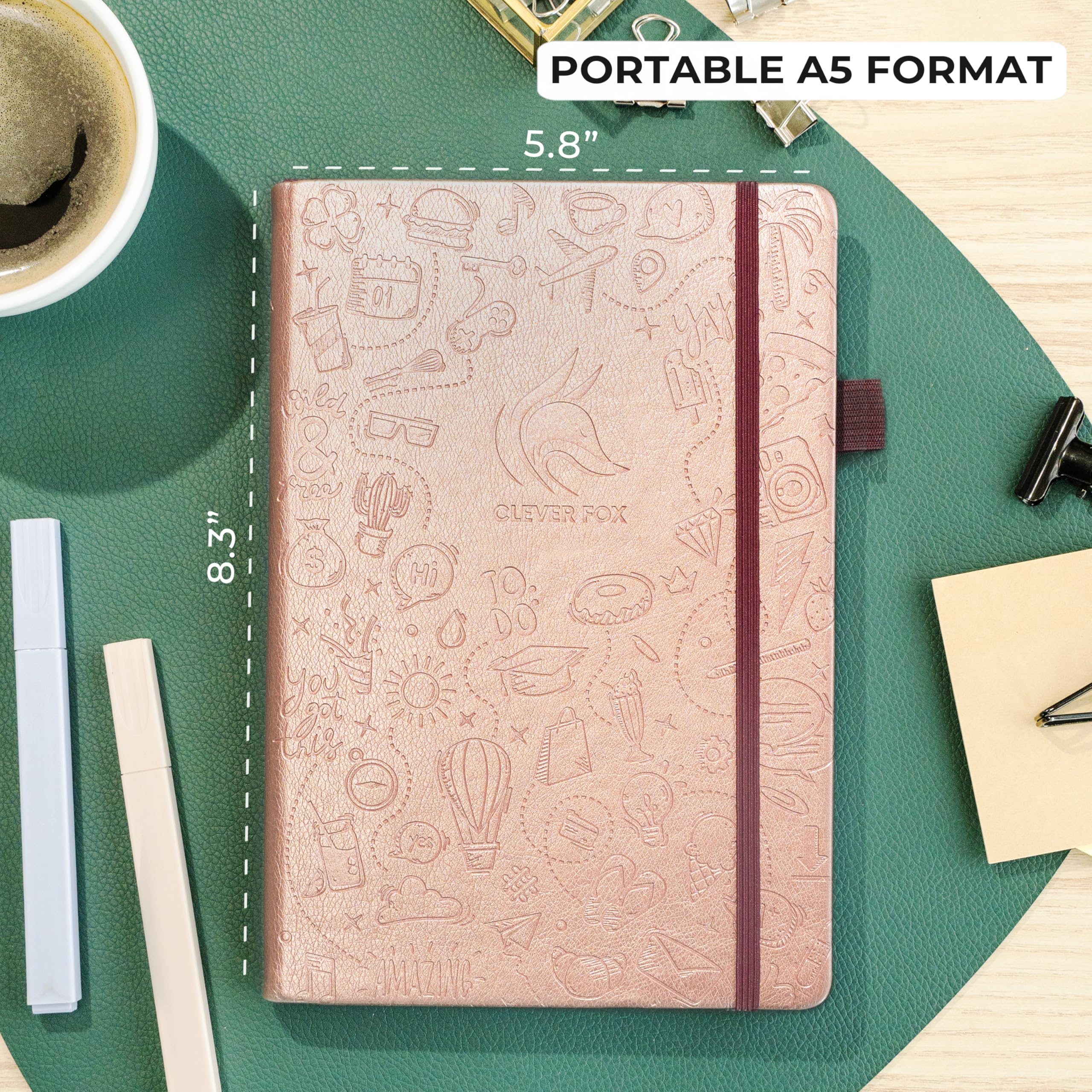 Clever Fox Dotted Journal 2.0 – Compact Planning and Sketching Dot Grid Notebook 120 GSM Thick, No-Bleed Paper – Planner with Pen Loop, Pocket, Ribbons, Stickers – A5 – Rose Gold