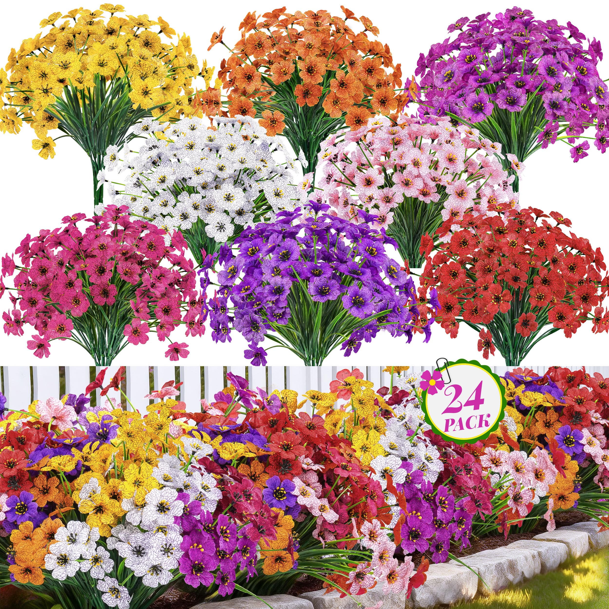 Der Rose 24 Bundles Artificial Flowers for Outdoors, UV Resistant Fake Flowers for Home Garden Patio Porch Decor (8 Colors)