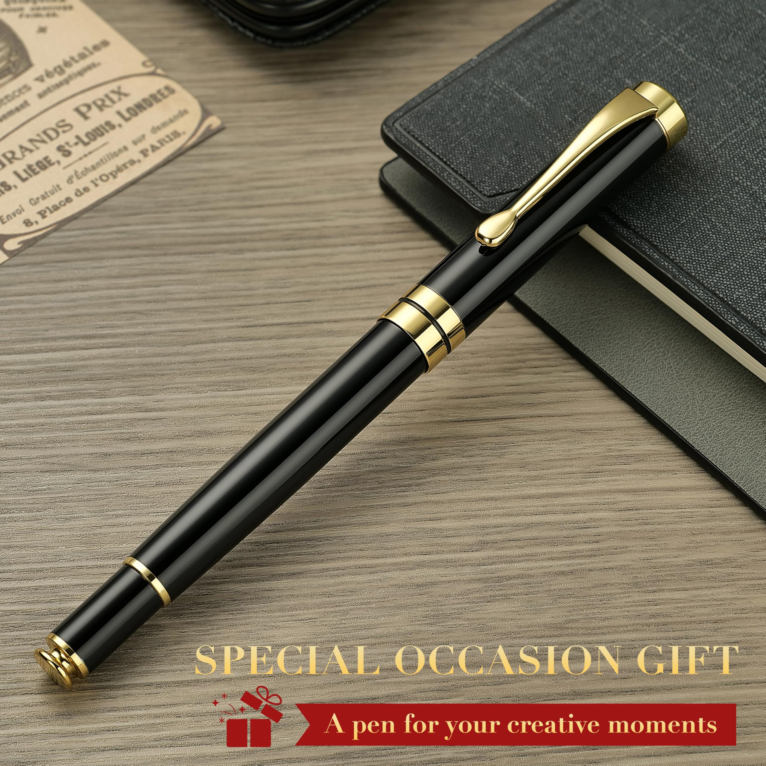 BEILUNER Ballpoint Pens, Stunning Black Chrome Metal Pen with Golden Trim, Best Ball Pen Gift Set for Men & Women, Professional, Executive, Office, Nice Pens-Gift Box with 0.5mm Black Extra Refill