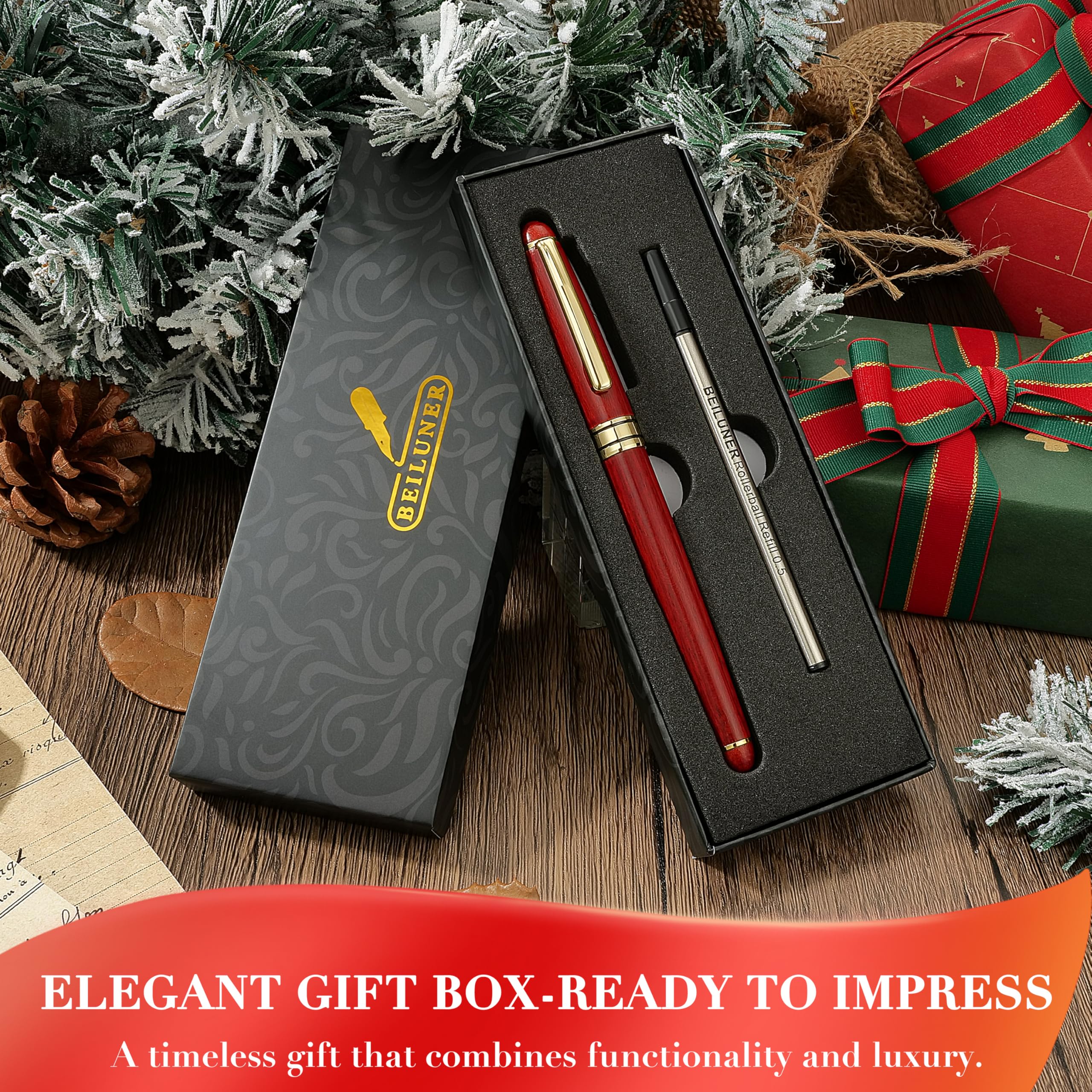 BEILUNER Luxury Rosewood Ballpoint Pen Writing Set - Elegant Fancy Nice Gift Pen Set for Signature Executive Business Office Supplies - Gift Boxed with Extra Refills (Black)