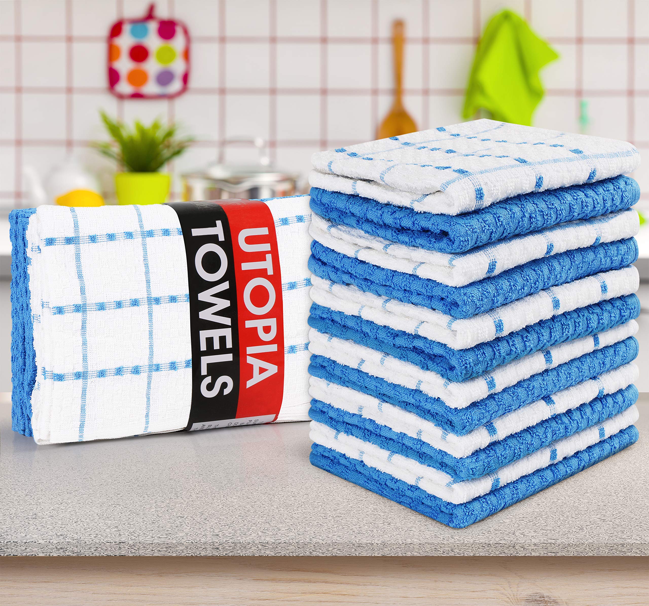 Utopia Towels Kitchen Towels, 12 Pack, 15 by 25 Inches, Dobby Weave, 100% Ring Spun Cotton, Super Soft and Absorbent Dish, Tea, and Bar Towels, Blue