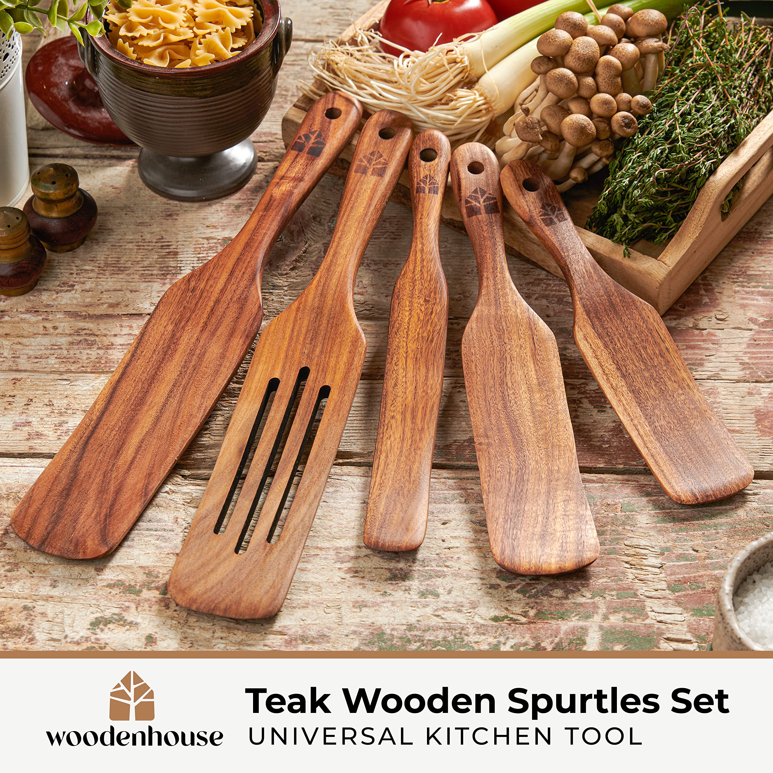 Wooden Spurtle Set, Teak Spurtles Kitchen Tools, Wooden Spatula for Cooking, Wood Utensils Set of 5, Non Stick Cookware for Serving, Stirring, Mixing, Scraping, Scooping, Healthy and Heat Resistant