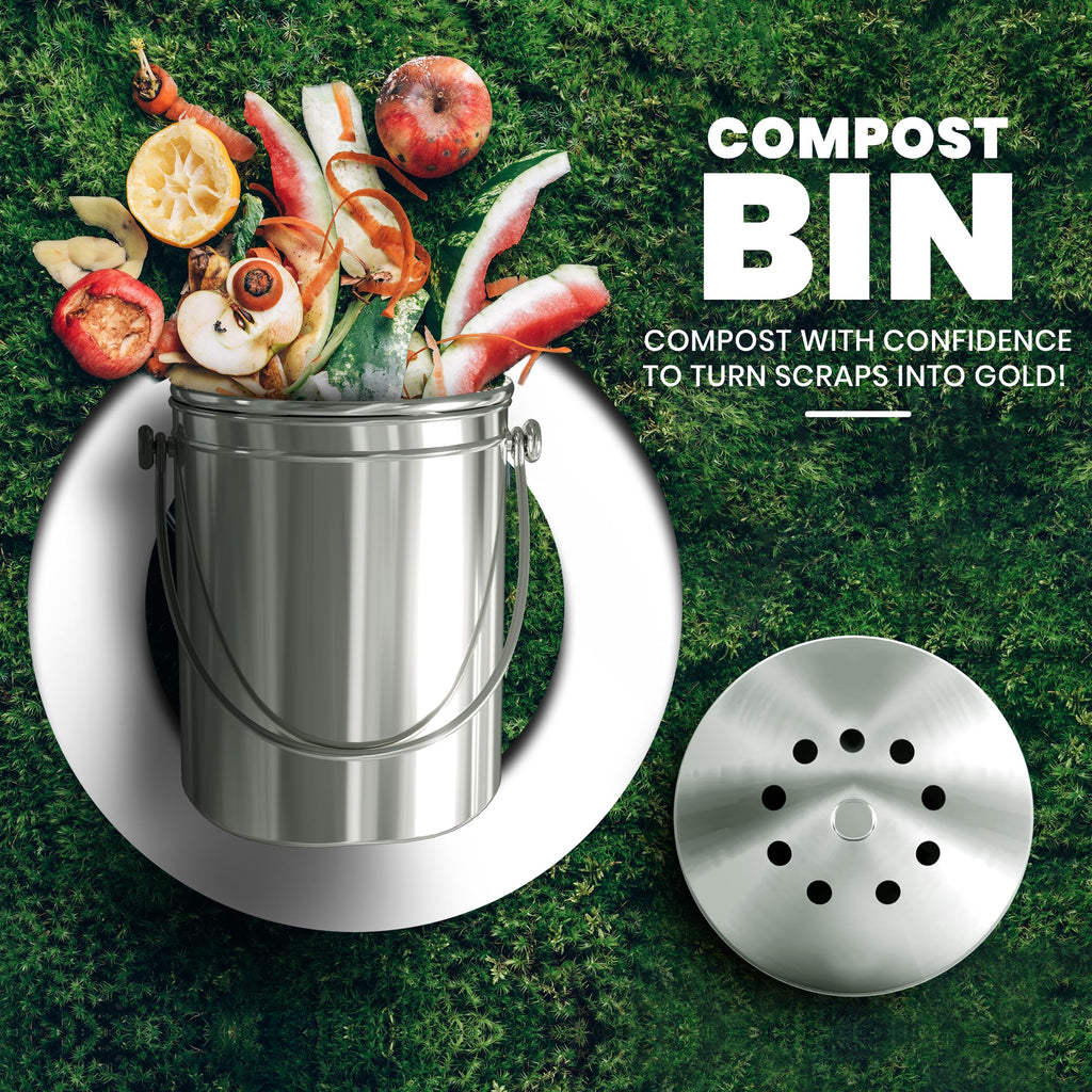 KICHLY Compost Bin, Stainless Steel Bin for Kitchen Countertop, 1.3 Gallon Composting Bucket, Compost Pail with Lid, Includes 1 Spare Charcoal Filter, Silver