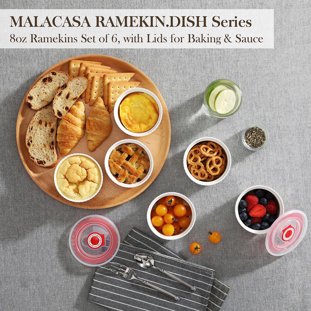 MALACASA 8 oz Ramekins with Lids, WhitePorcelain Creme Brulee Souffle Ramekins Ceramic Custard Cups Set of 6, Dishwasher and Oven Safe, Series RAMEKIN. DISH
