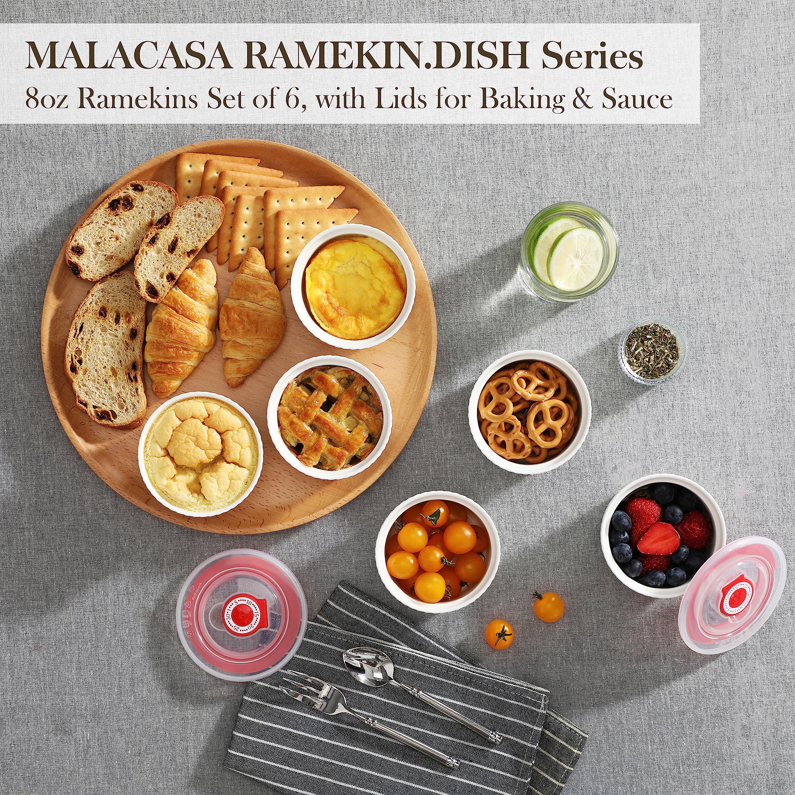 MALACASA 8 oz Ramekins with Lids, WhitePorcelain Creme Brulee Souffle Ramekins Ceramic Custard Cups Set of 6, Dishwasher and Oven Safe, Series RAMEKIN. DISH